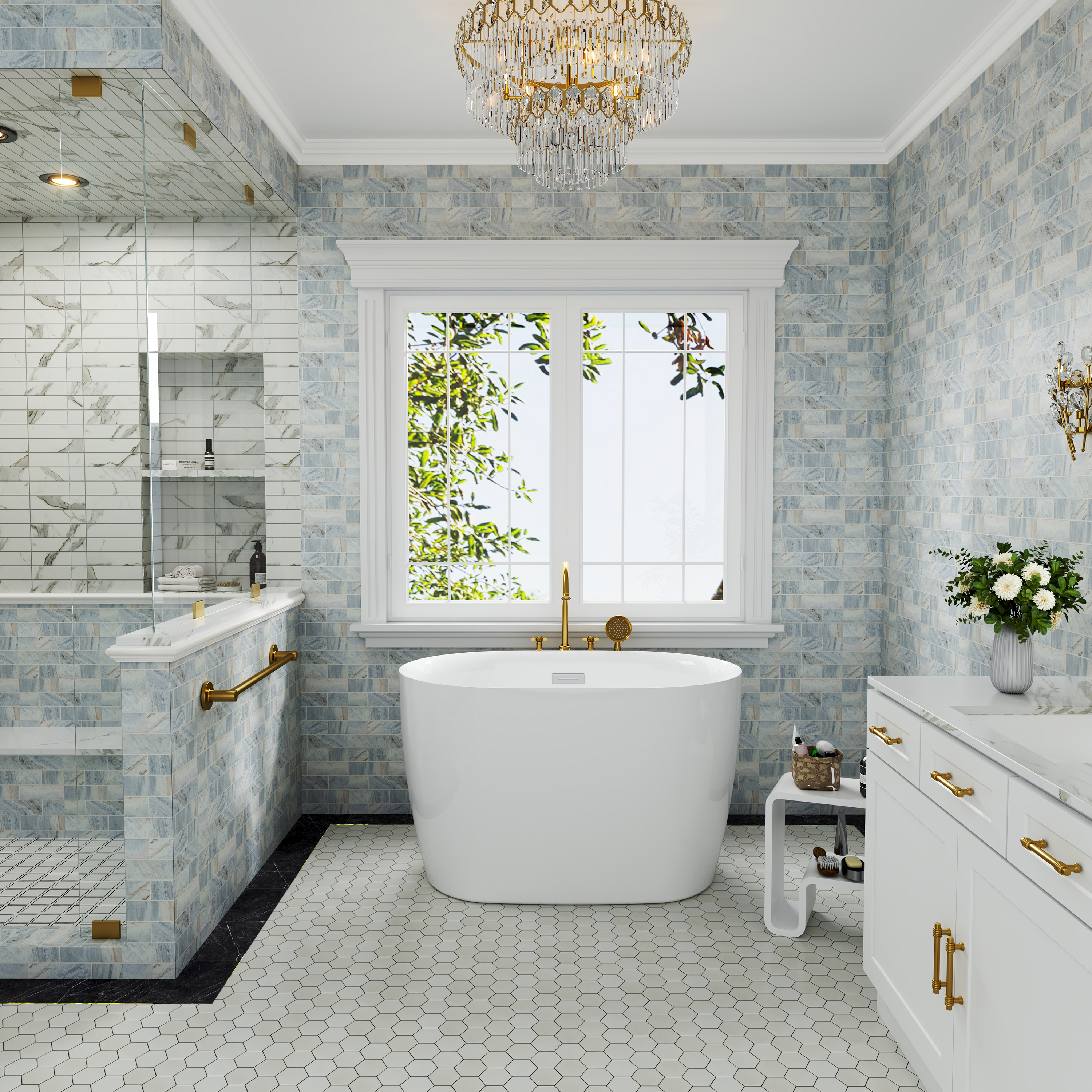 43" Transitional Acrylic Freestanding Bathtub with Built-In Seat