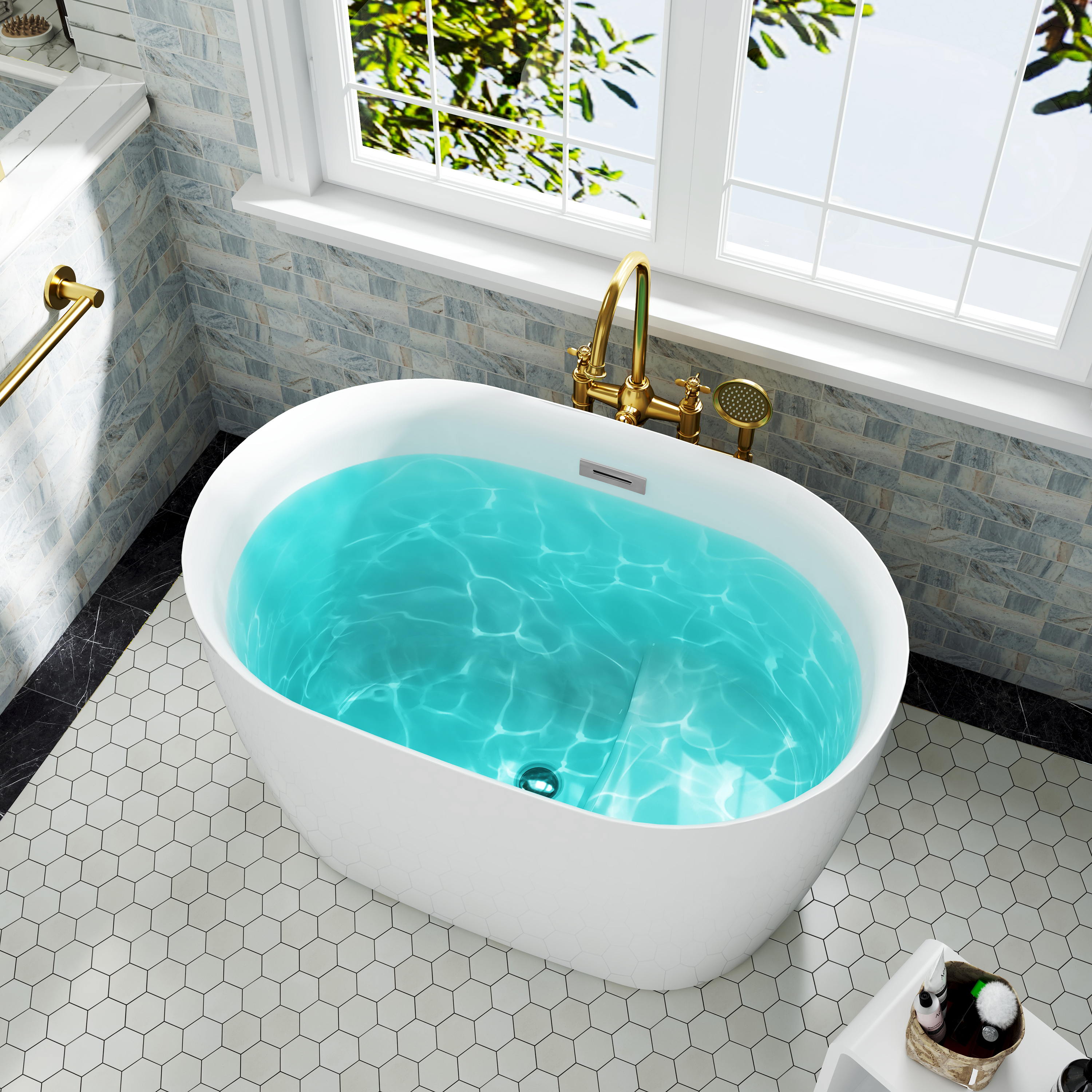 43" Transitional Acrylic Freestanding Bathtub with Built-In Seat