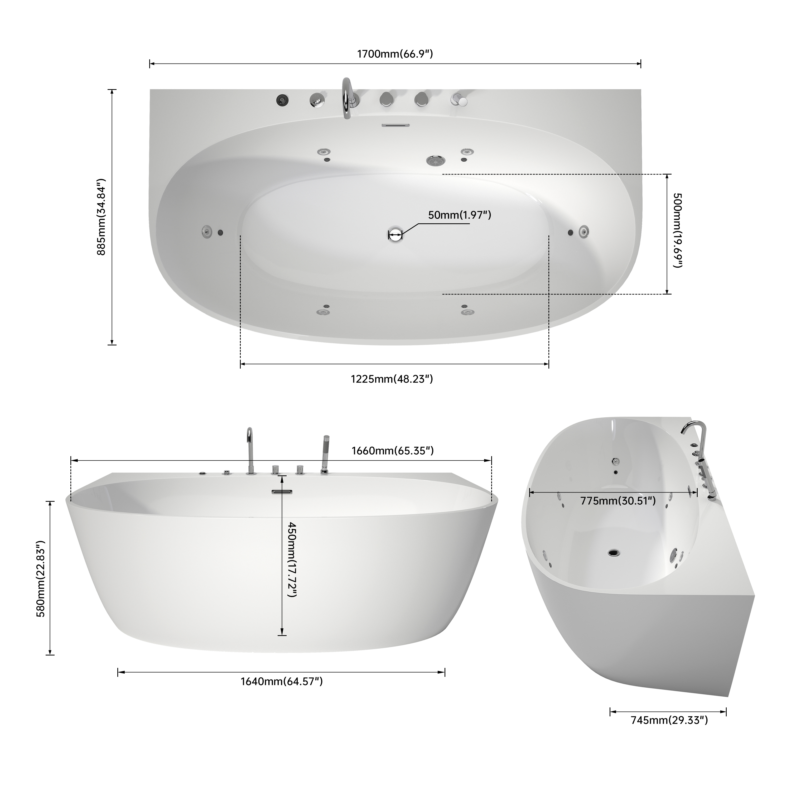 67" Freestanding Whirlpool Bathtub with 6 Hydro Jets & LED Mood Lighting