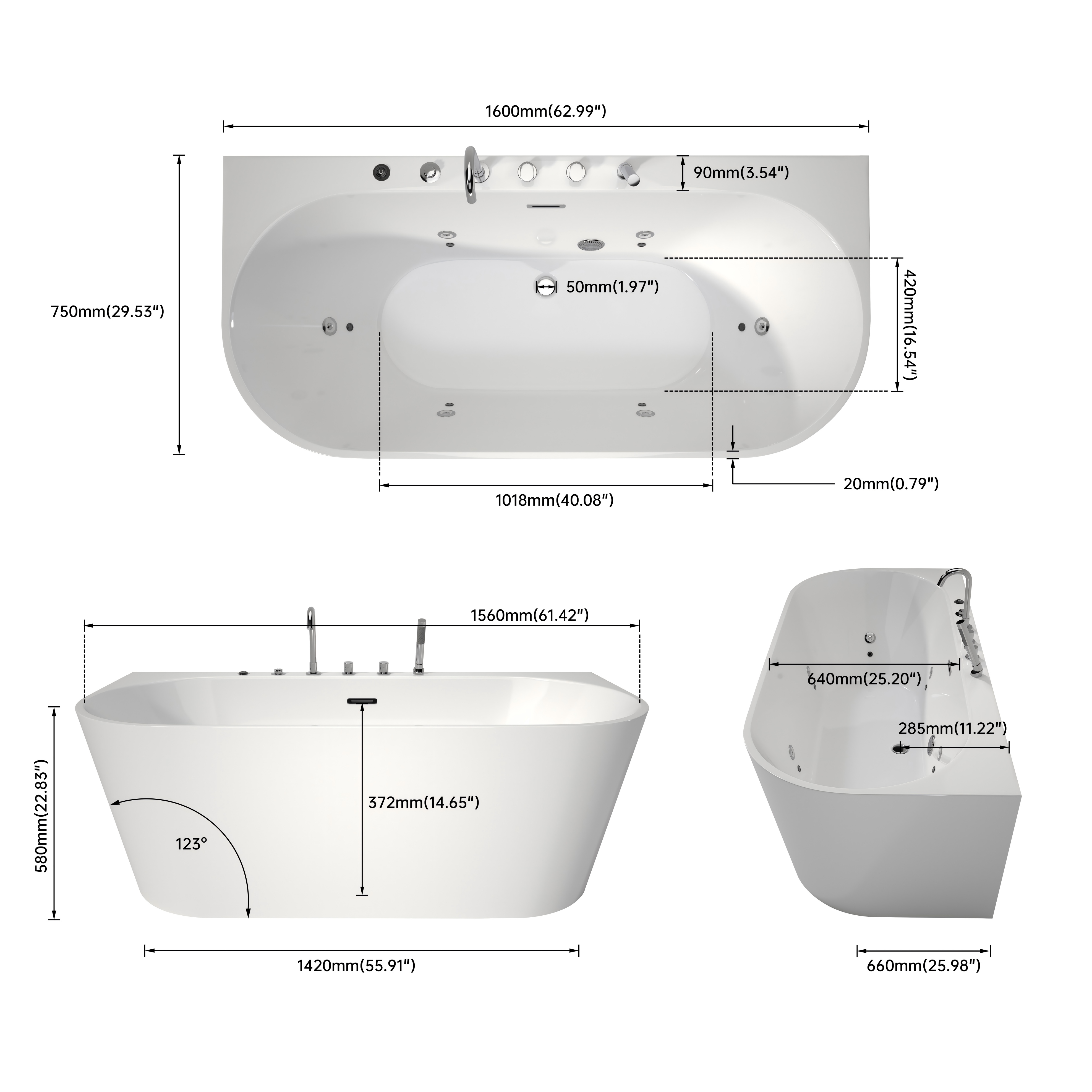 63" Acrylic Freestanding Whirlpool Bathtub with 6 Jets and 7-Color LED Light