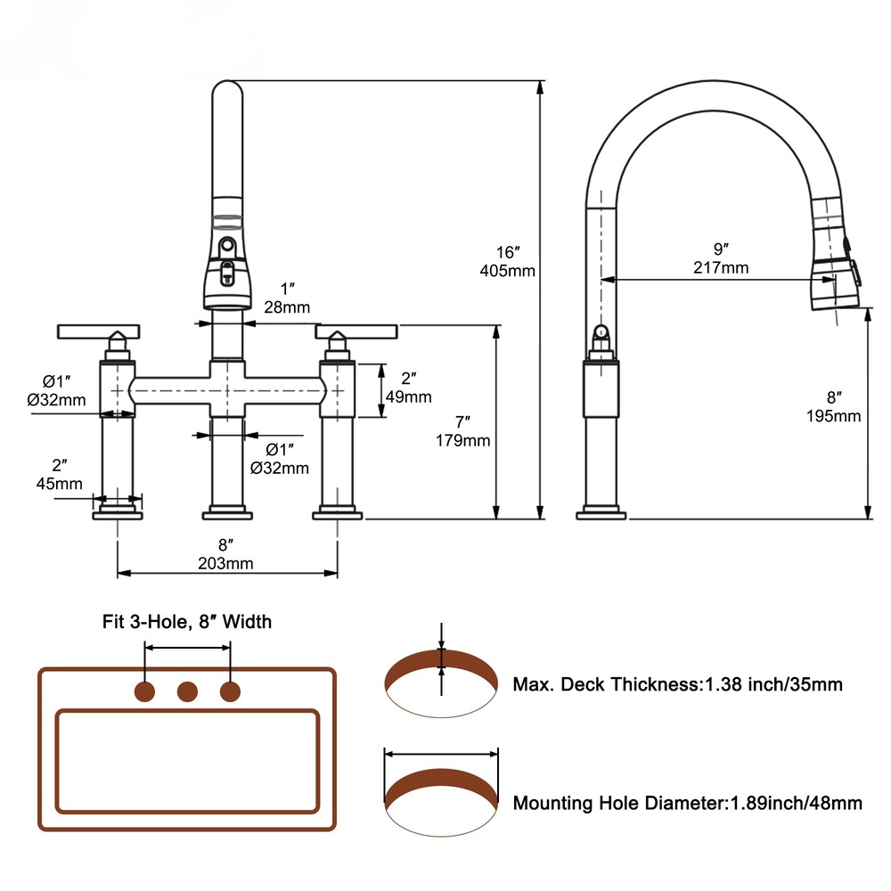 2 Hands 3 Holes Widespread Kitchen Faucet with 3 Way Spray Function