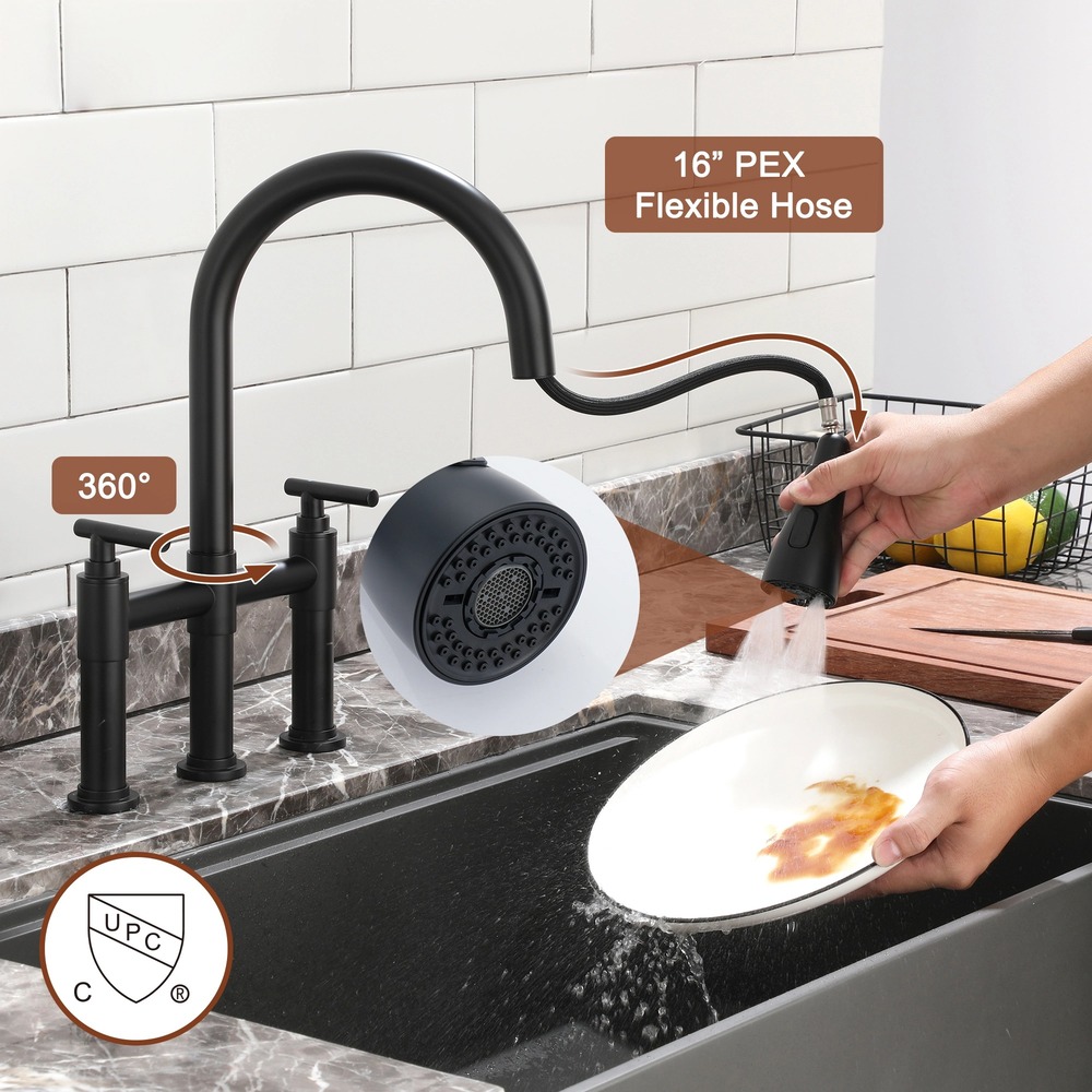 2 Hands 3 Holes Widespread Kitchen Faucet with 3 Way Spray Function