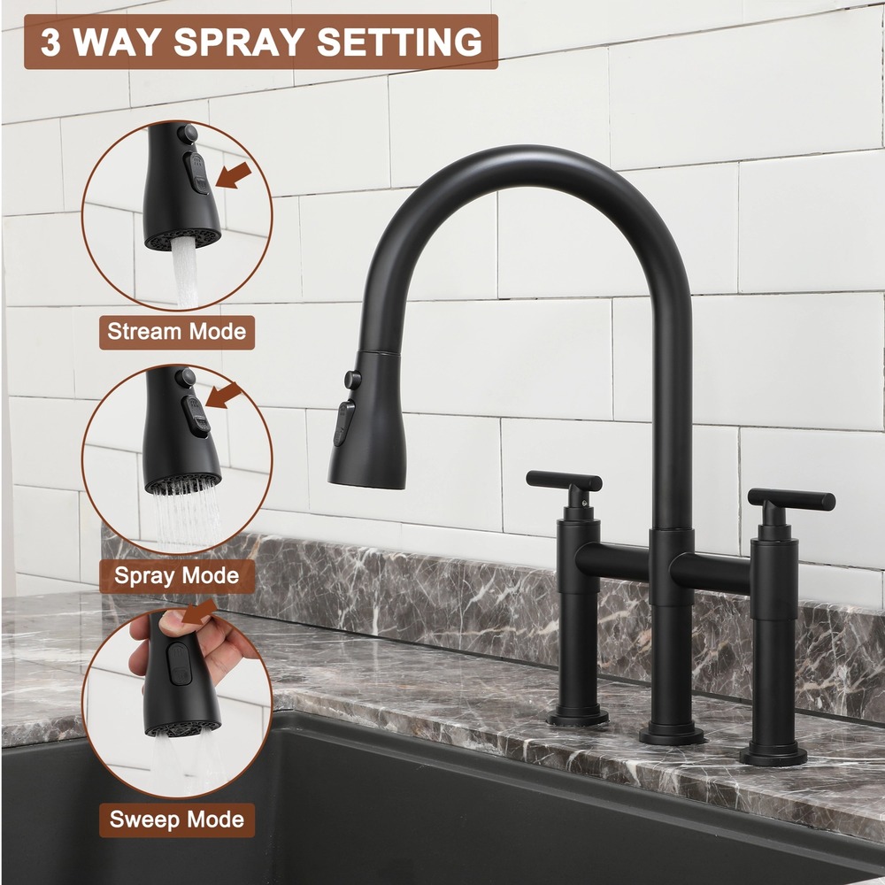 2 Hands 3 Holes Widespread Kitchen Faucet with 3 Way Spray Function