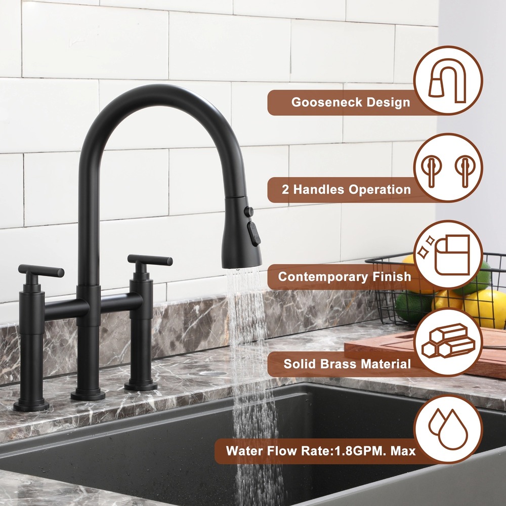 2 Hands 3 Holes Widespread Kitchen Faucet with 3 Way Spray Function