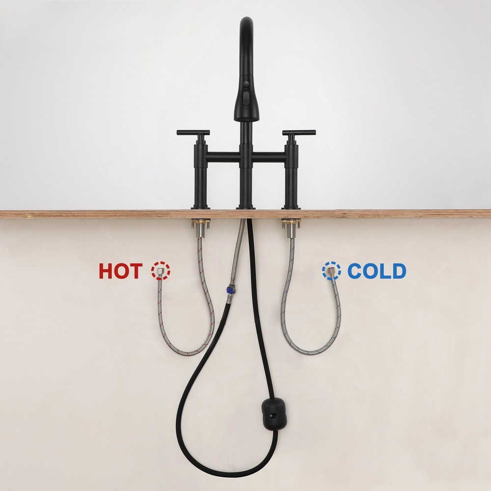 2 Hands 3 Holes Widespread Kitchen Faucet with 3 Way Spray Function