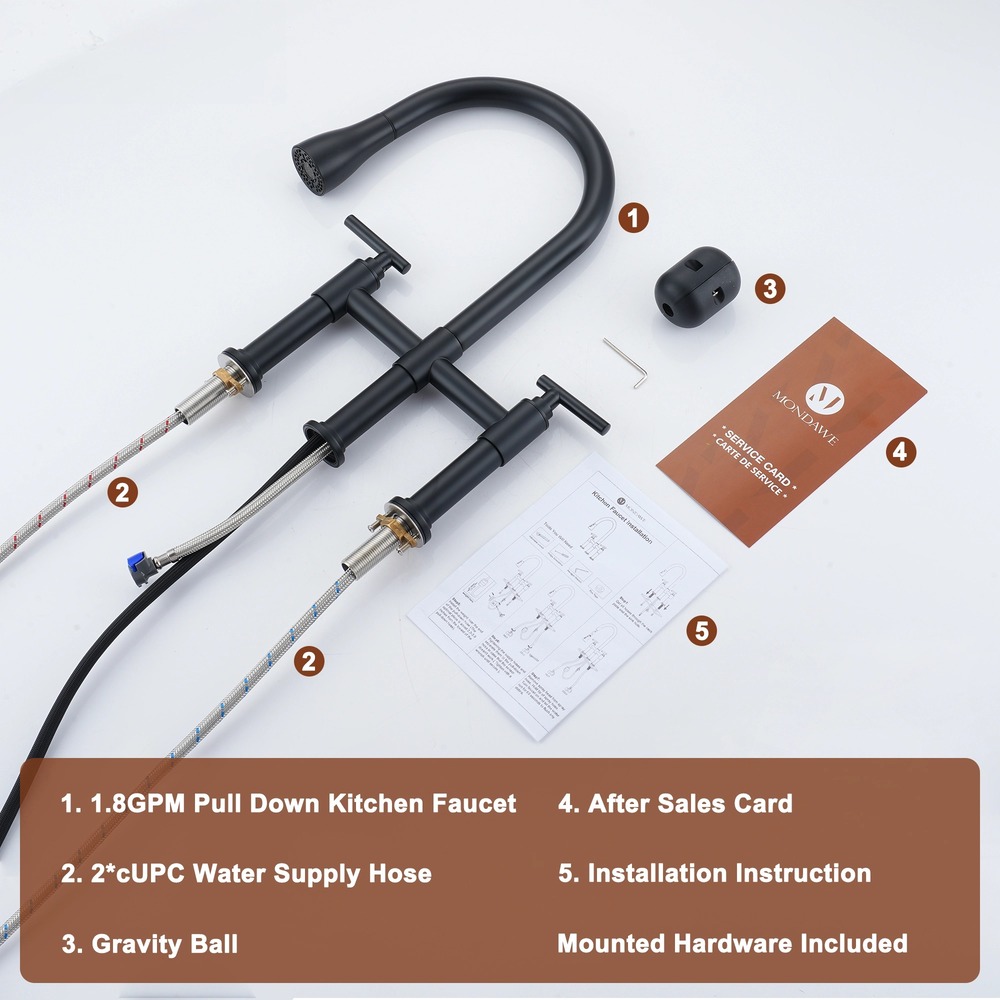 2 Hands 3 Holes Widespread Kitchen Faucet with 3 Way Spray Function