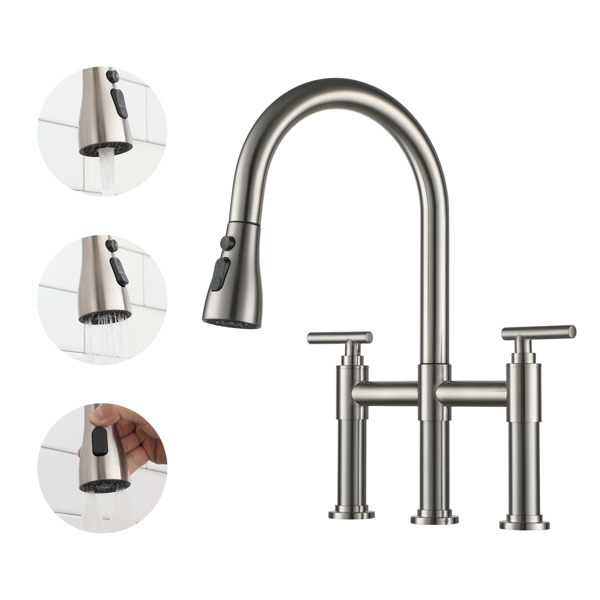Bridge Kitchen Faucet with 3-Mode Pull-Down Sprayer, Brushed Nickel Finish