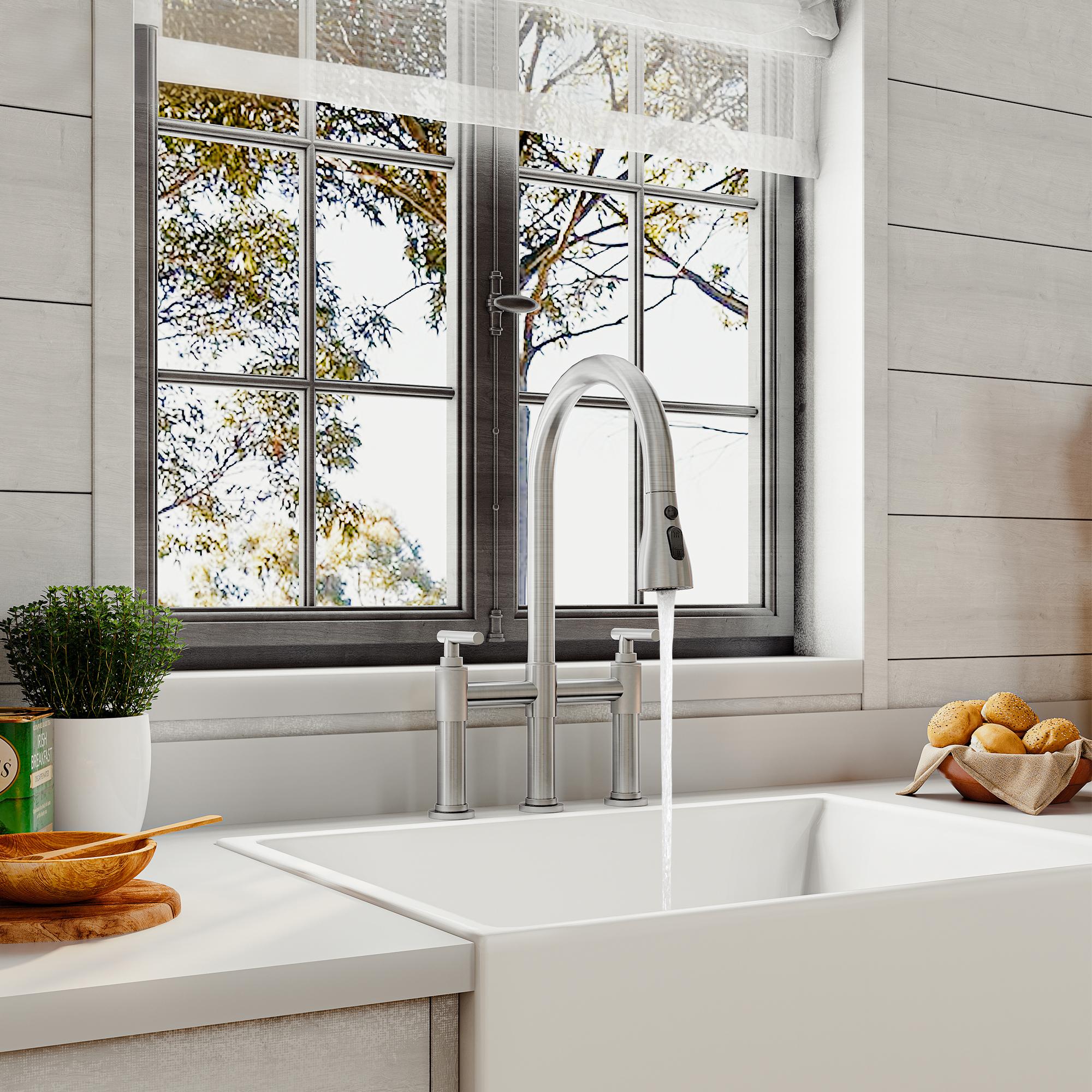 Bridge Kitchen Faucet with 3-Mode Pull-Down Sprayer, Brushed Nickel Finish