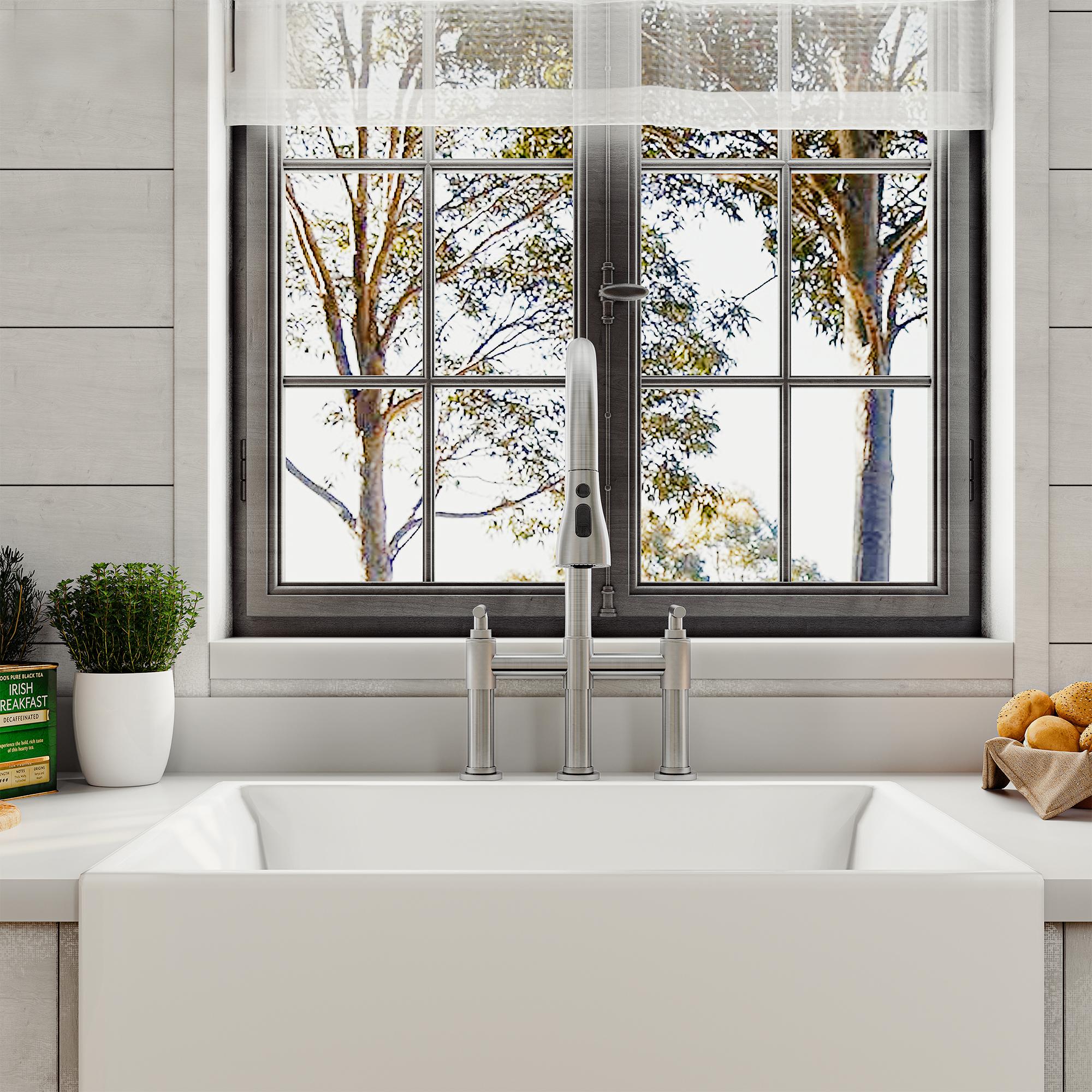 Bridge Kitchen Faucet with 3-Mode Pull-Down Sprayer, Brushed Nickel Finish