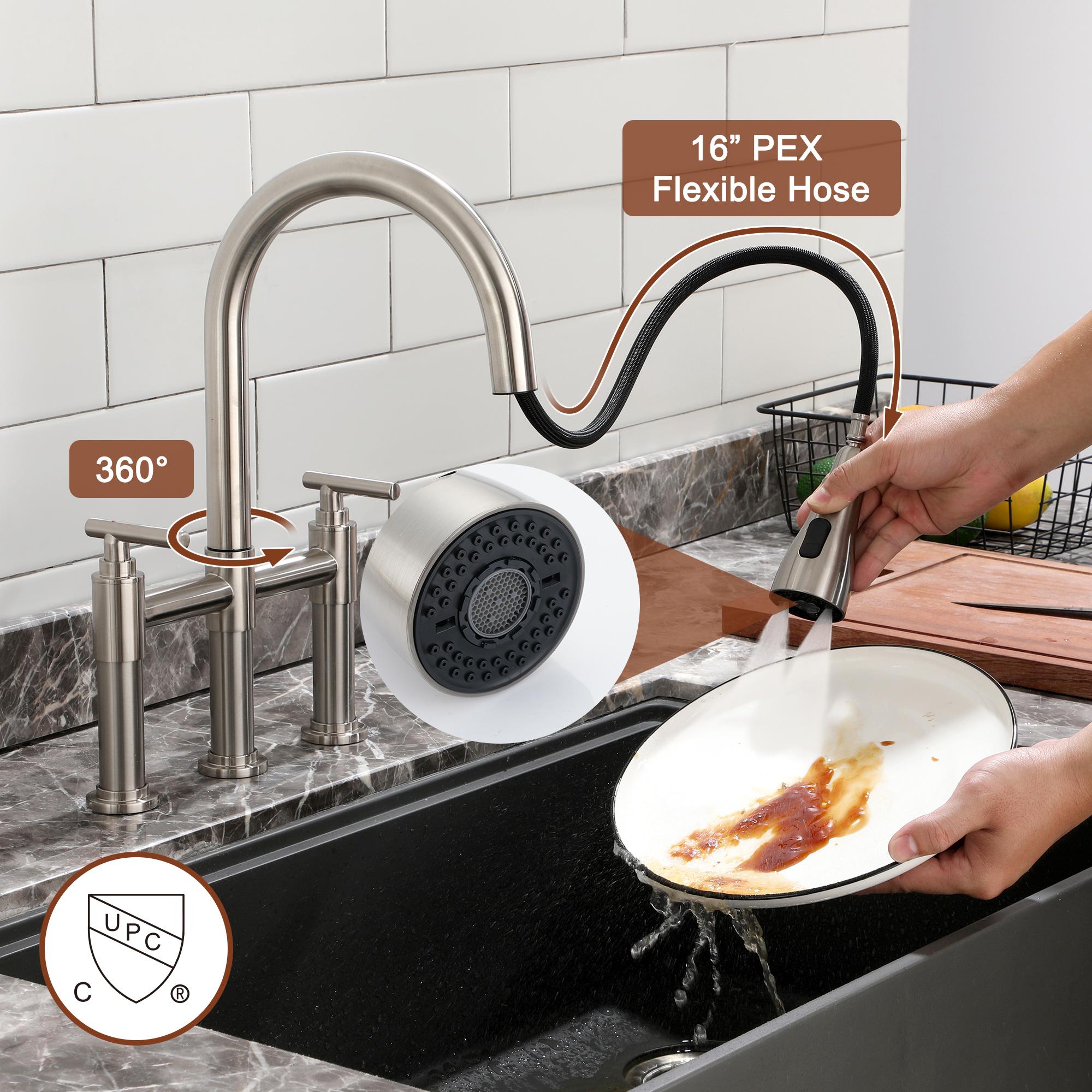 Bridge Kitchen Faucet with 3-Mode Pull-Down Sprayer, Brushed Nickel Finish