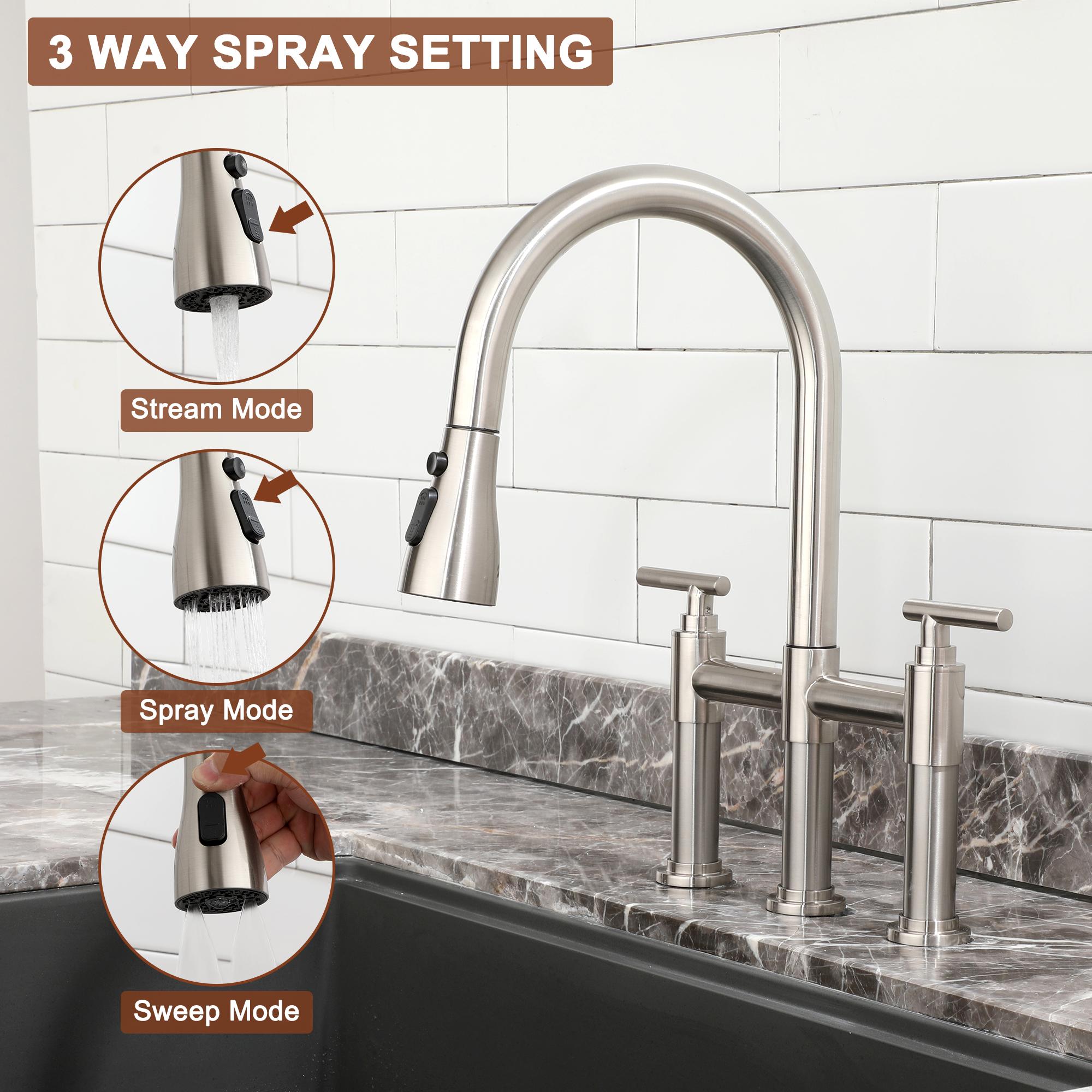 Bridge Kitchen Faucet with 3-Mode Pull-Down Sprayer, Brushed Nickel Finish