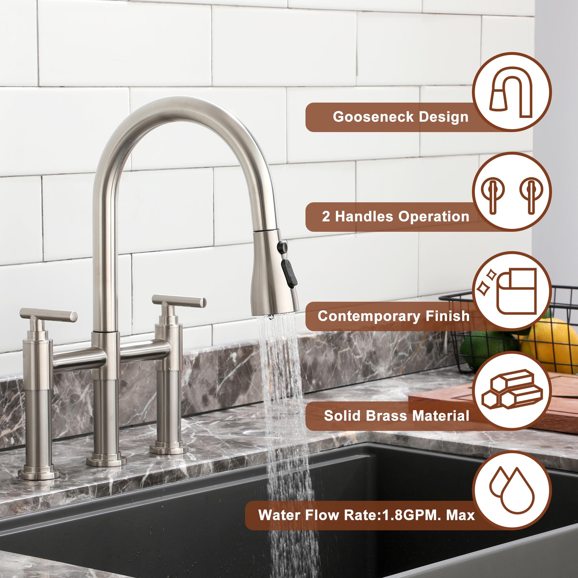 Bridge Kitchen Faucet with 3-Mode Pull-Down Sprayer, Brushed Nickel Finish