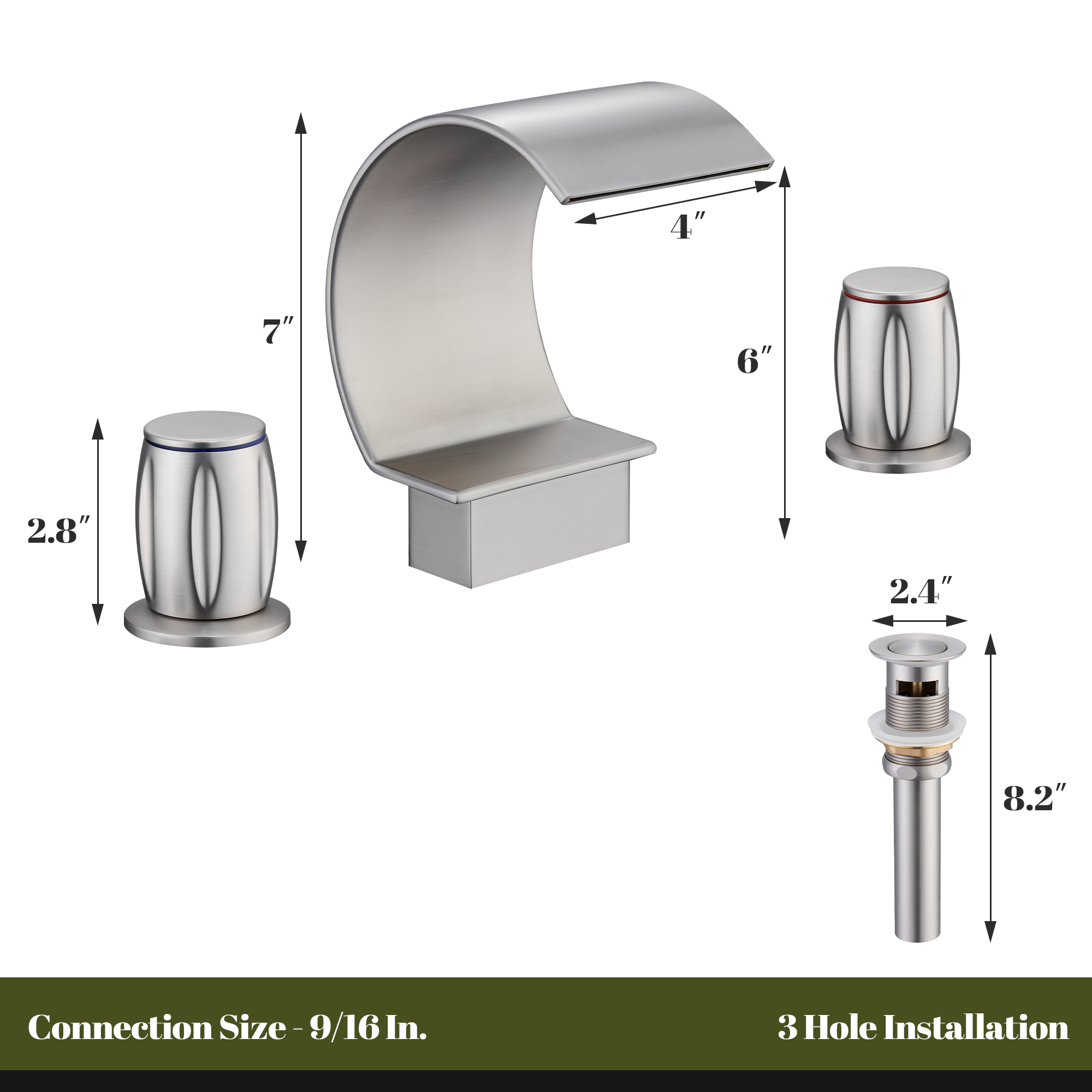 Arc Waterfall Spout Bathroom Faucet with Dual Temperature Control Handles