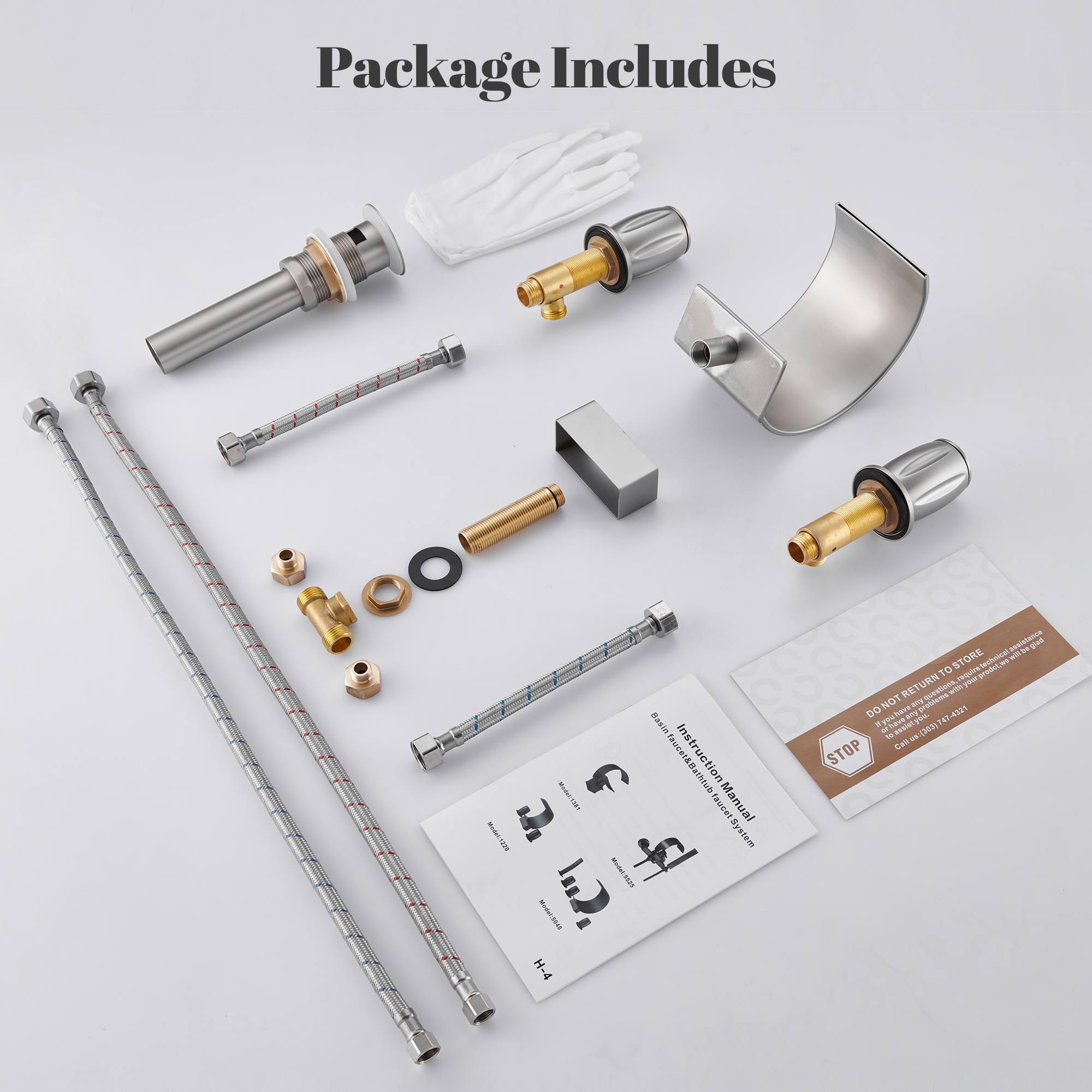 Arc Waterfall Spout Bathroom Faucet with Dual Temperature Control Handles