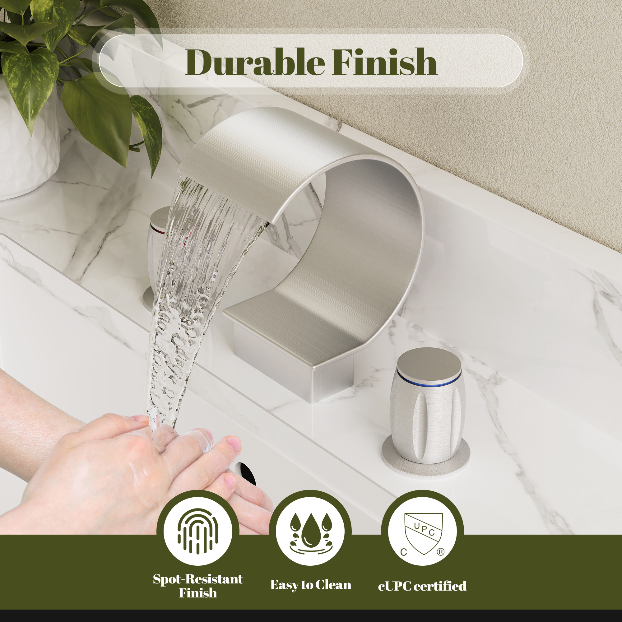 Arc Waterfall Spout Bathroom Faucet with Dual Temperature Control Handles