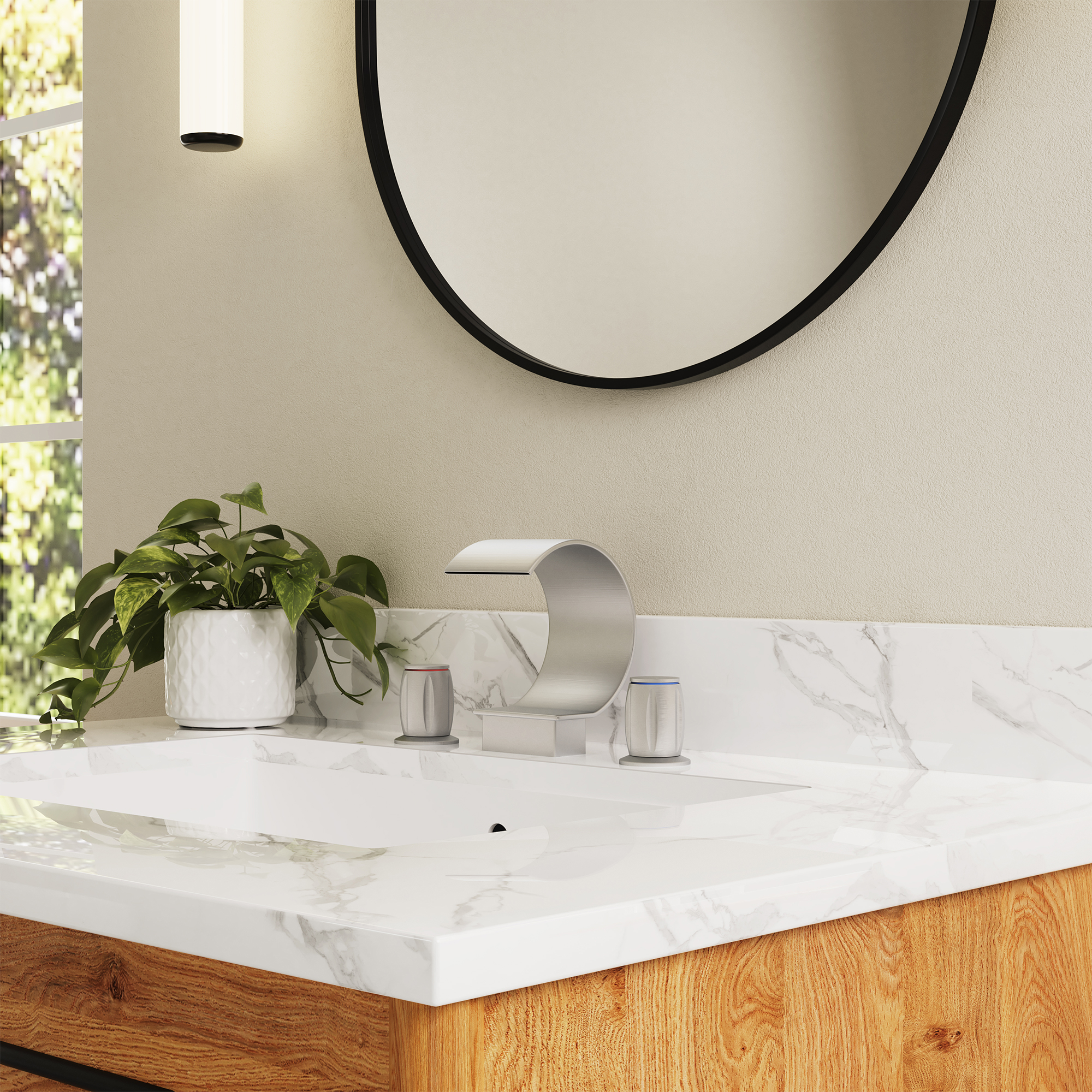 Arc Waterfall Spout Bathroom Faucet with Dual Temperature Control Handles