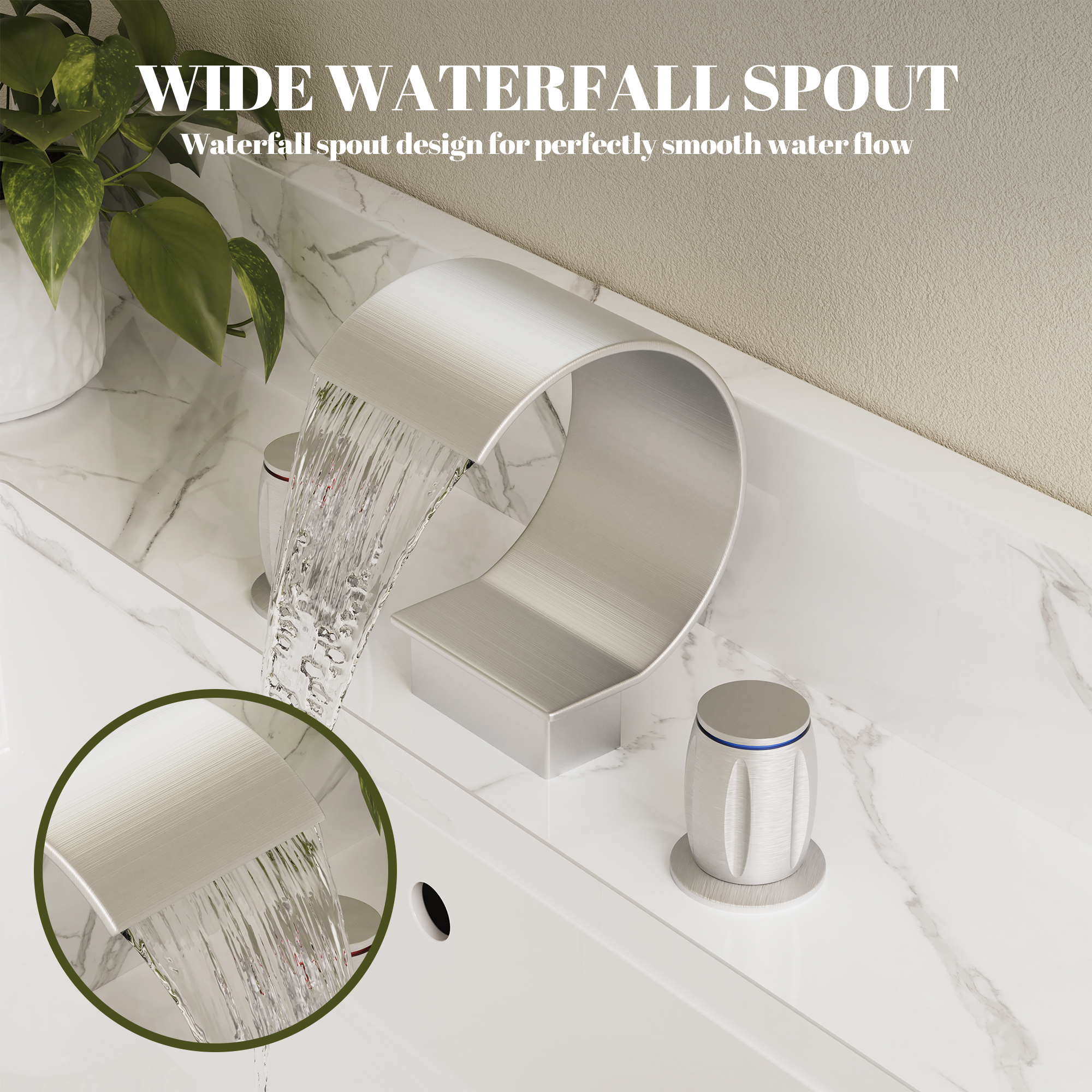 Arc Waterfall Spout Bathroom Faucet with Dual Temperature Control Handles