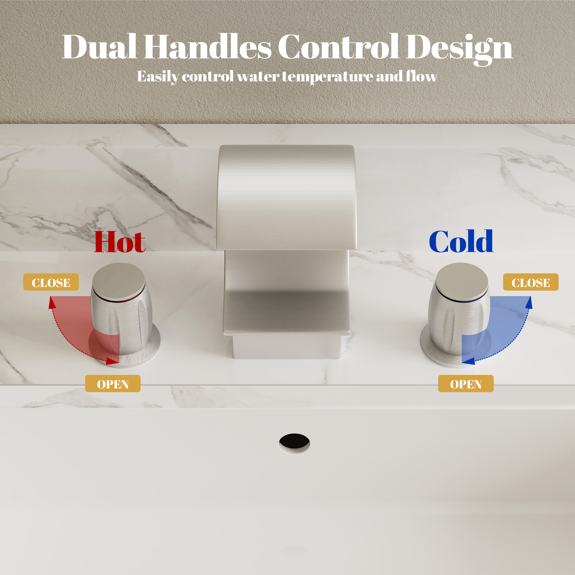 Arc Waterfall Spout Bathroom Faucet with Dual Temperature Control Handles