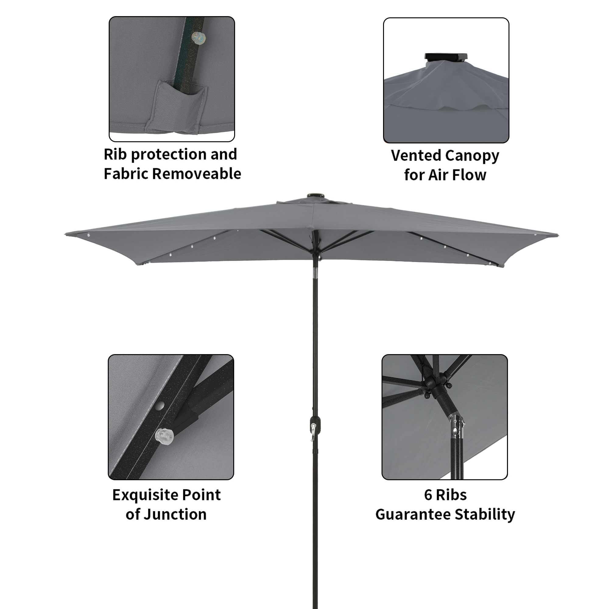 10Ft Outdoor Rectangular Umbrella with 26 Solar-Powered LED Lights, Crank and Tilt (Without Base)