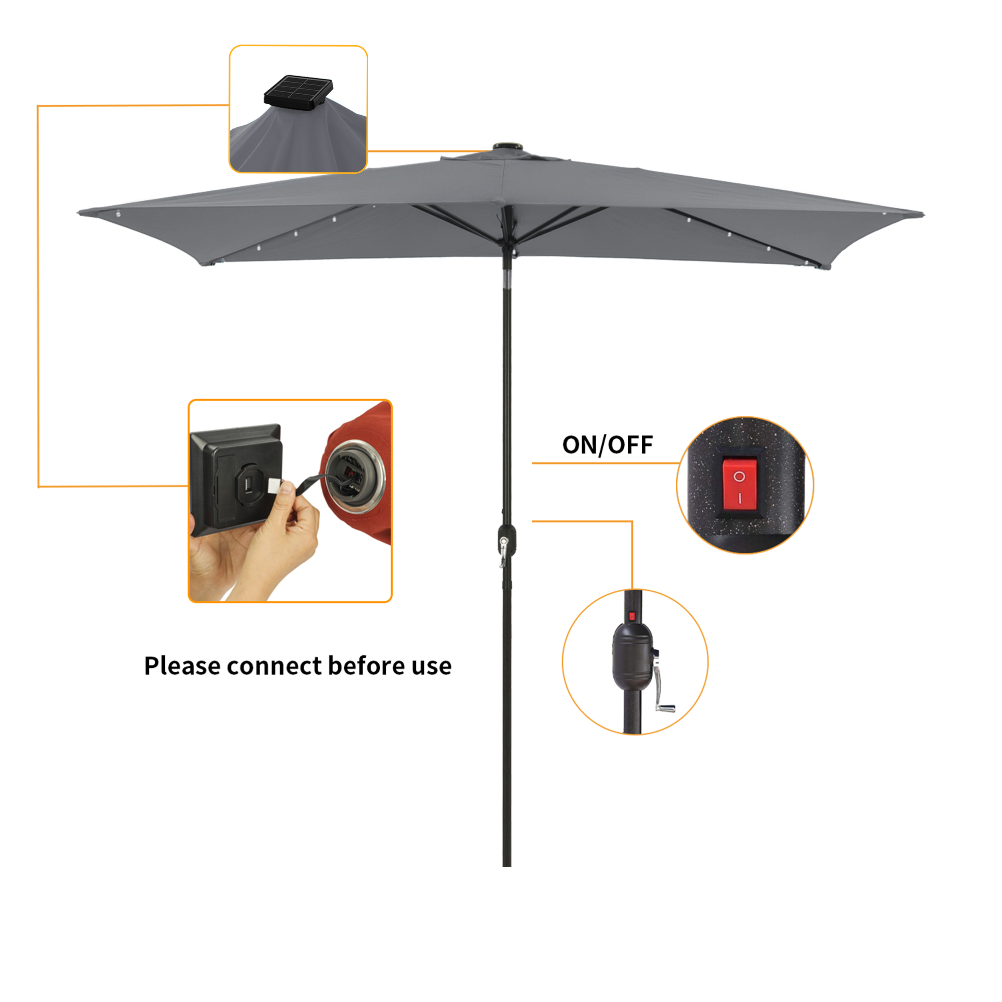 10Ft Outdoor Rectangular Umbrella with 26 Solar-Powered LED Lights, Crank and Tilt (Without Base)