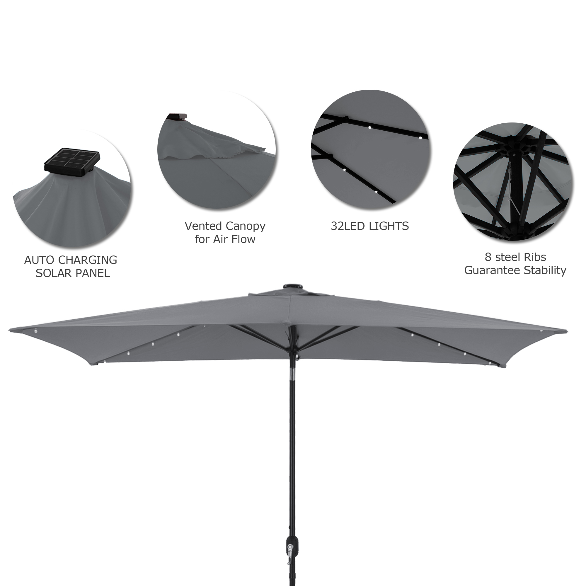 10Ft Outdoor Rectangular Umbrella with 26 Solar-Powered LED Lights, Crank and Tilt (Without Base)