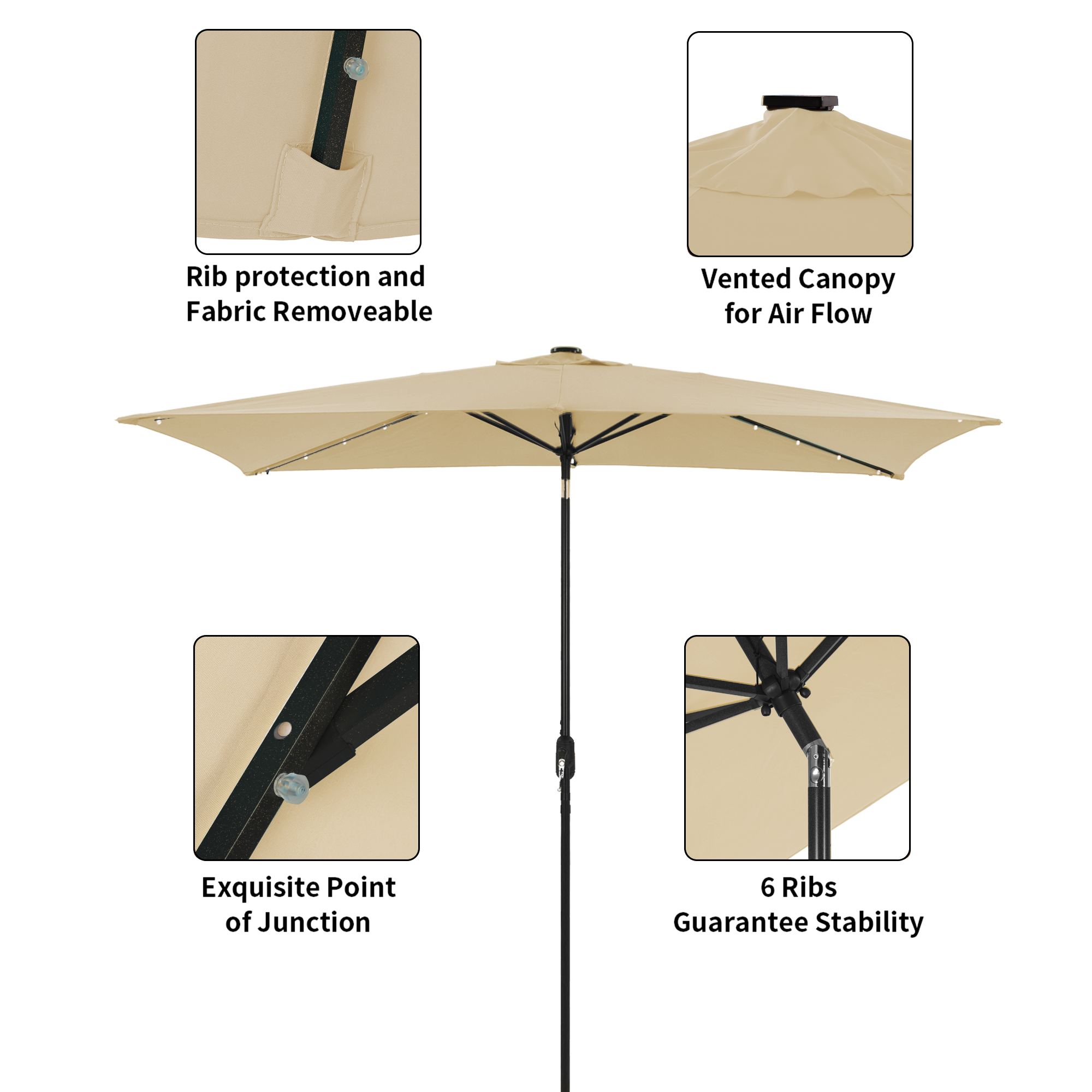 10Ft Outdoor Rectangular Umbrella with 26 Solar-Powered LED Lights, Crank and Tilt (Without Base)