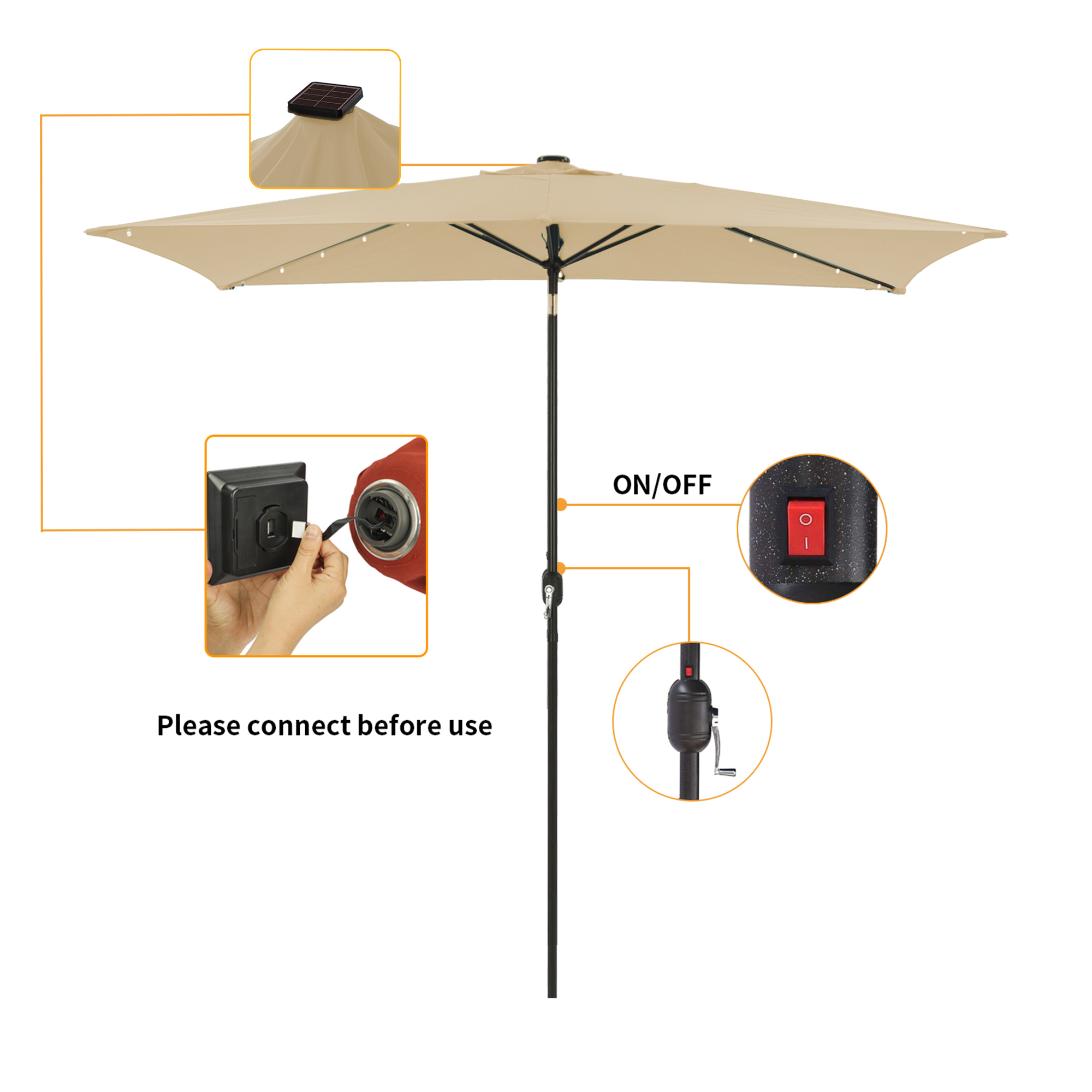 10Ft Outdoor Rectangular Umbrella with 26 Solar-Powered LED Lights, Crank and Tilt (Without Base)