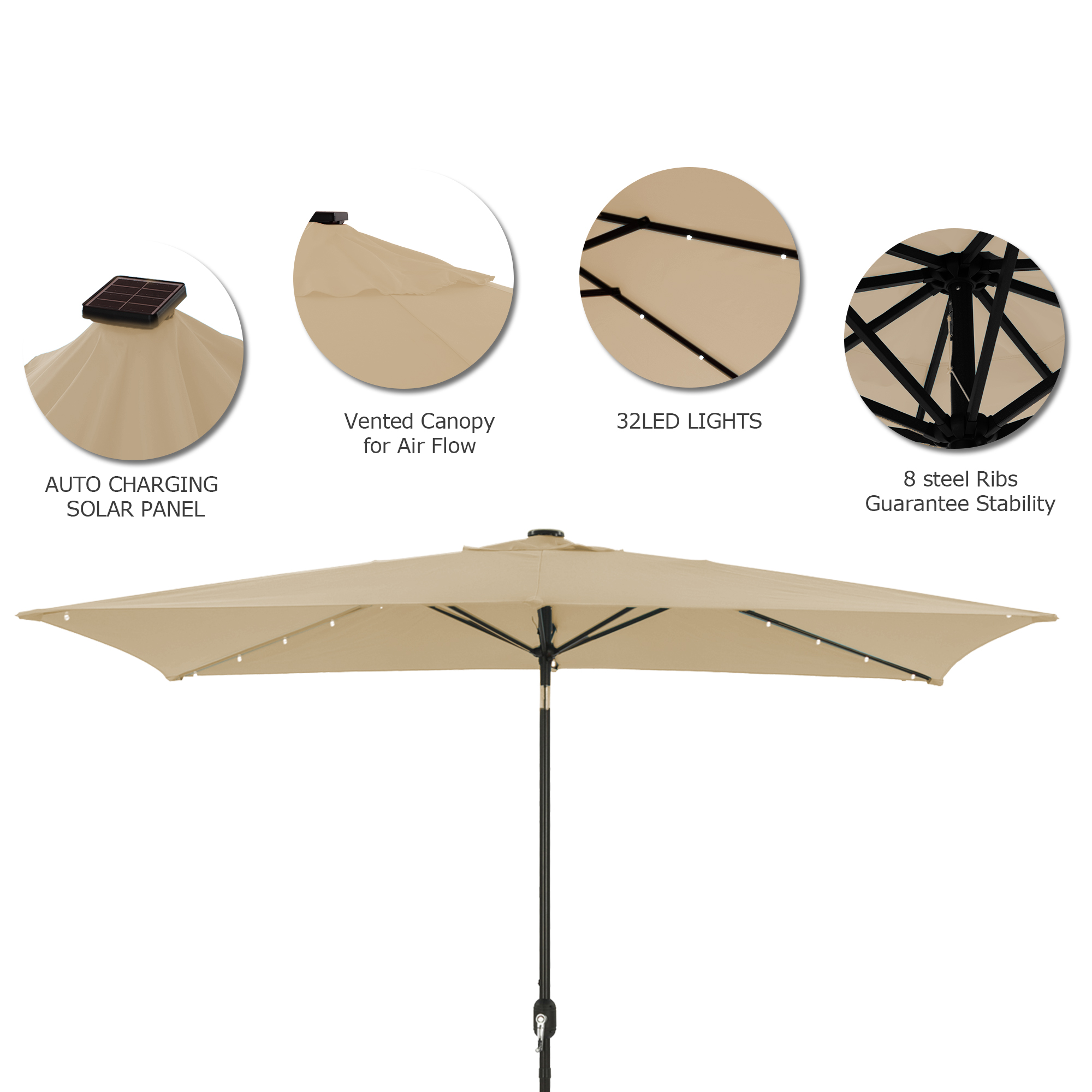 10Ft Outdoor Rectangular Umbrella with 26 Solar-Powered LED Lights, Crank and Tilt (Without Base)