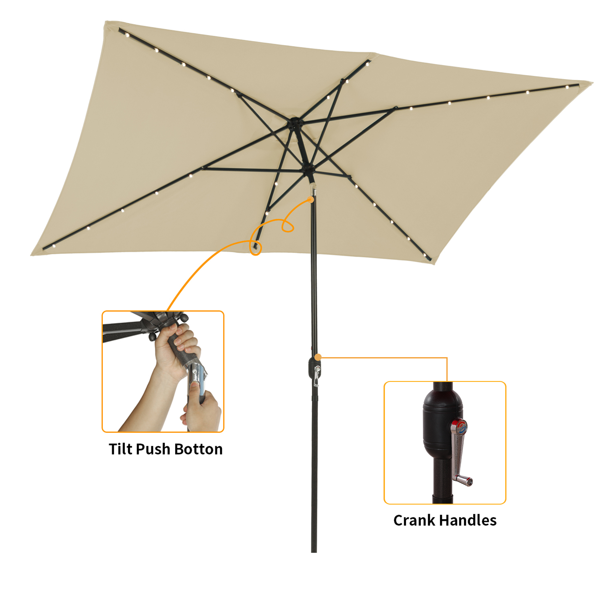 10Ft Outdoor Rectangular Umbrella with 26 Solar-Powered LED Lights, Crank and Tilt (Without Base)