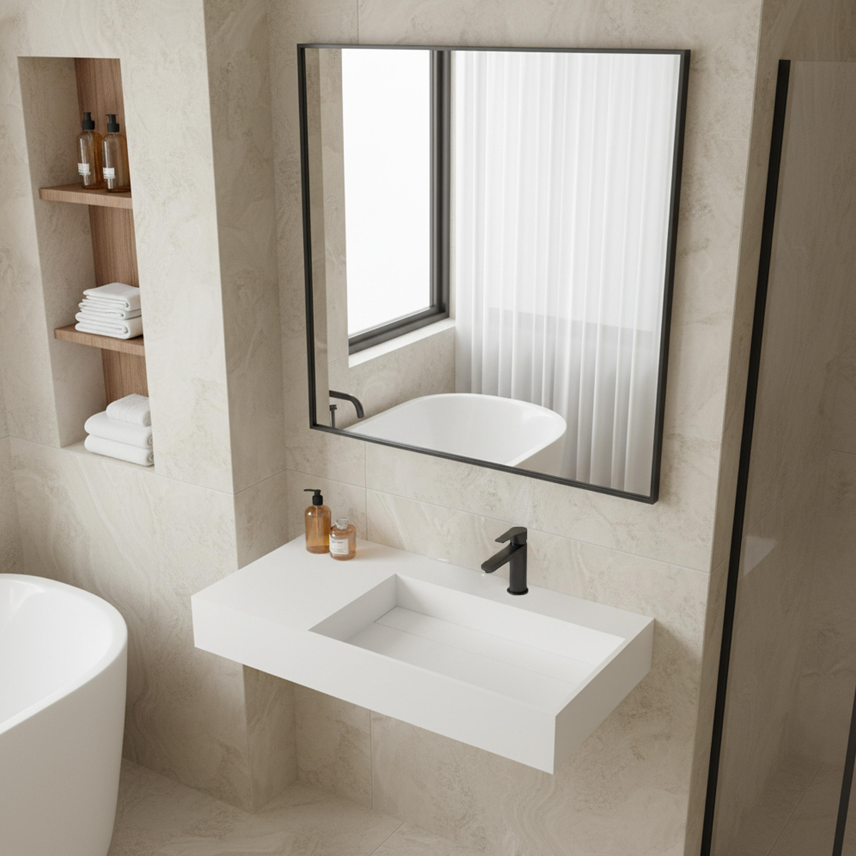 36" Wall-Mounted Solid Surface Bathroom Sink with Single Faucet Hole