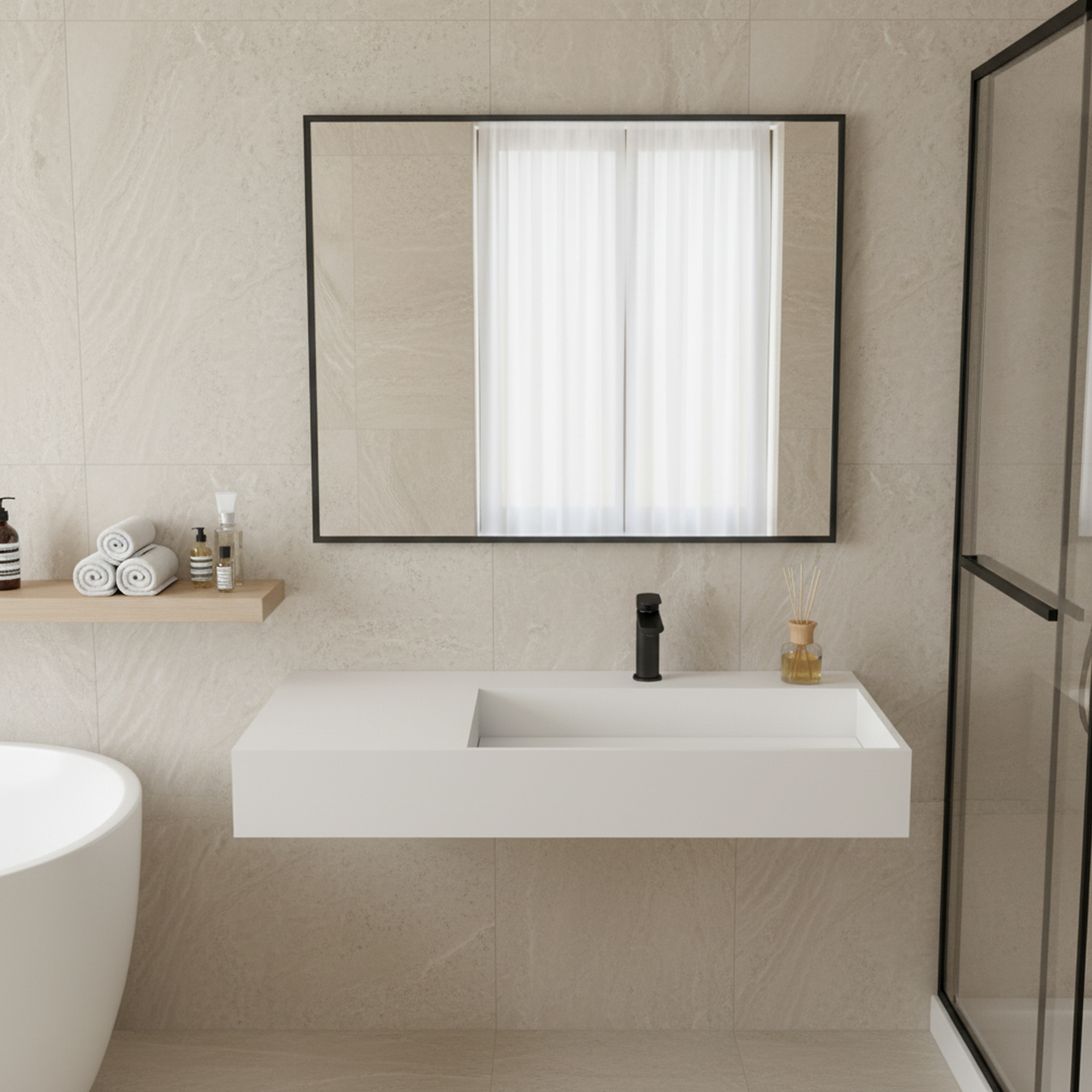 36" Wall-Mounted Solid Surface Bathroom Sink with Single Faucet Hole