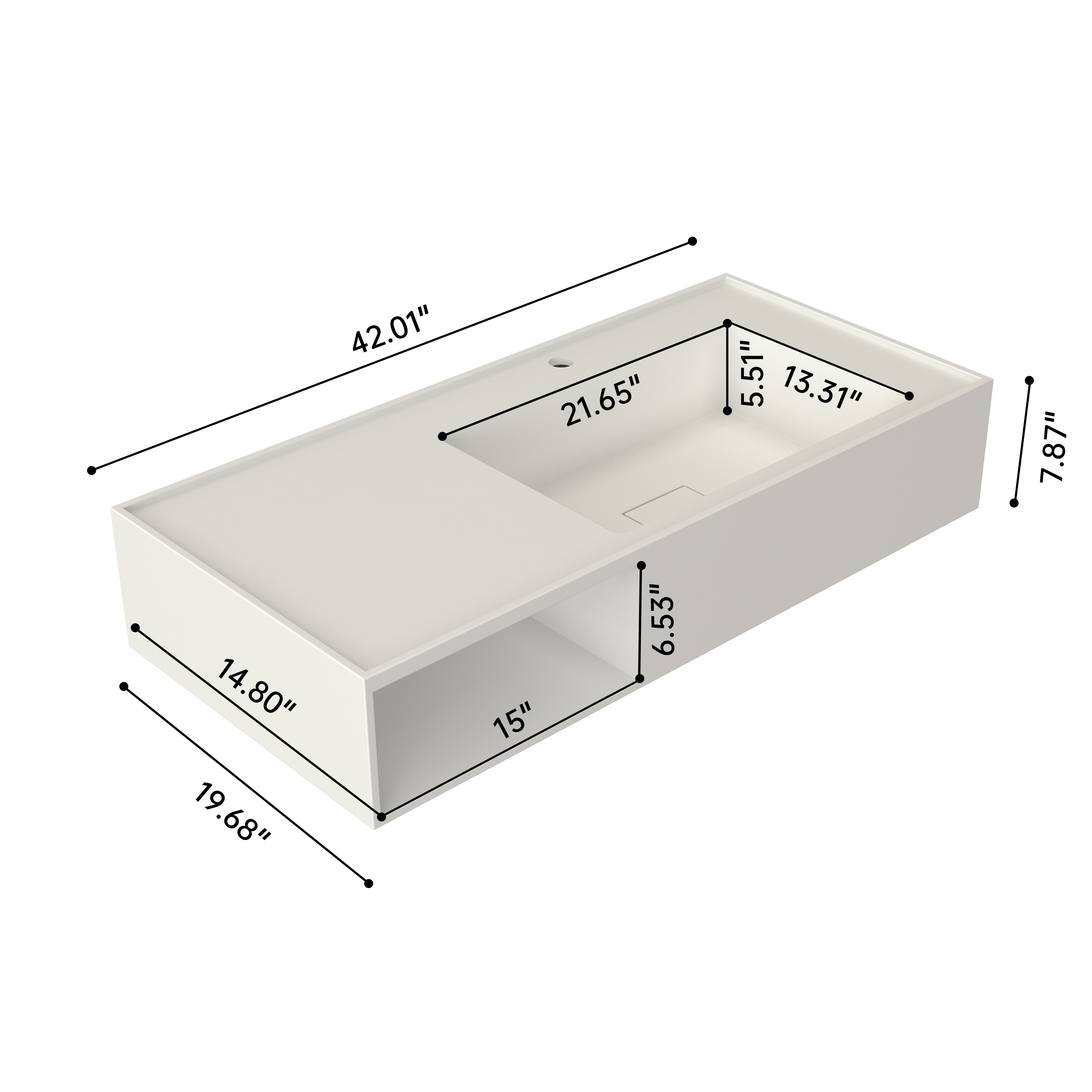 40-inch Solid Surface Wall-Mounted Bathroom Sink with Right Basin & Shelf