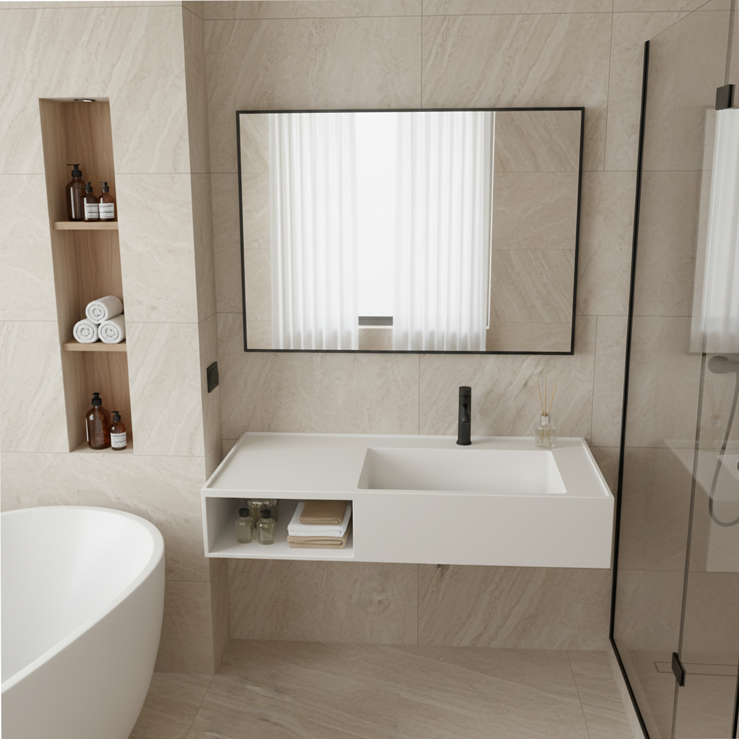 40" Solid Surface Wall-Mounted Bathroom Sink with Right Basin & Shelf