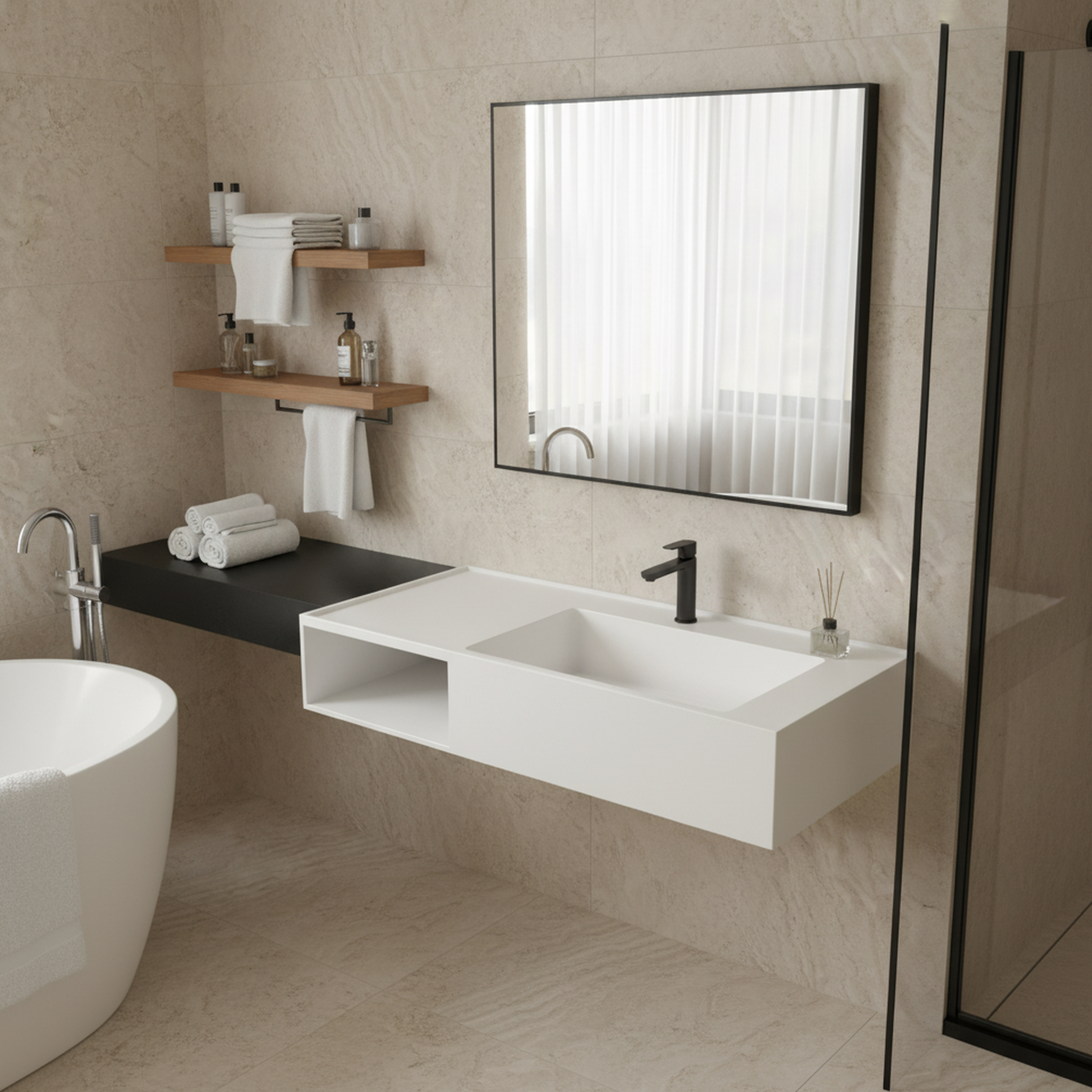 40" Solid Surface Wall-Mounted Bathroom Sink with Right Basin & Shelf