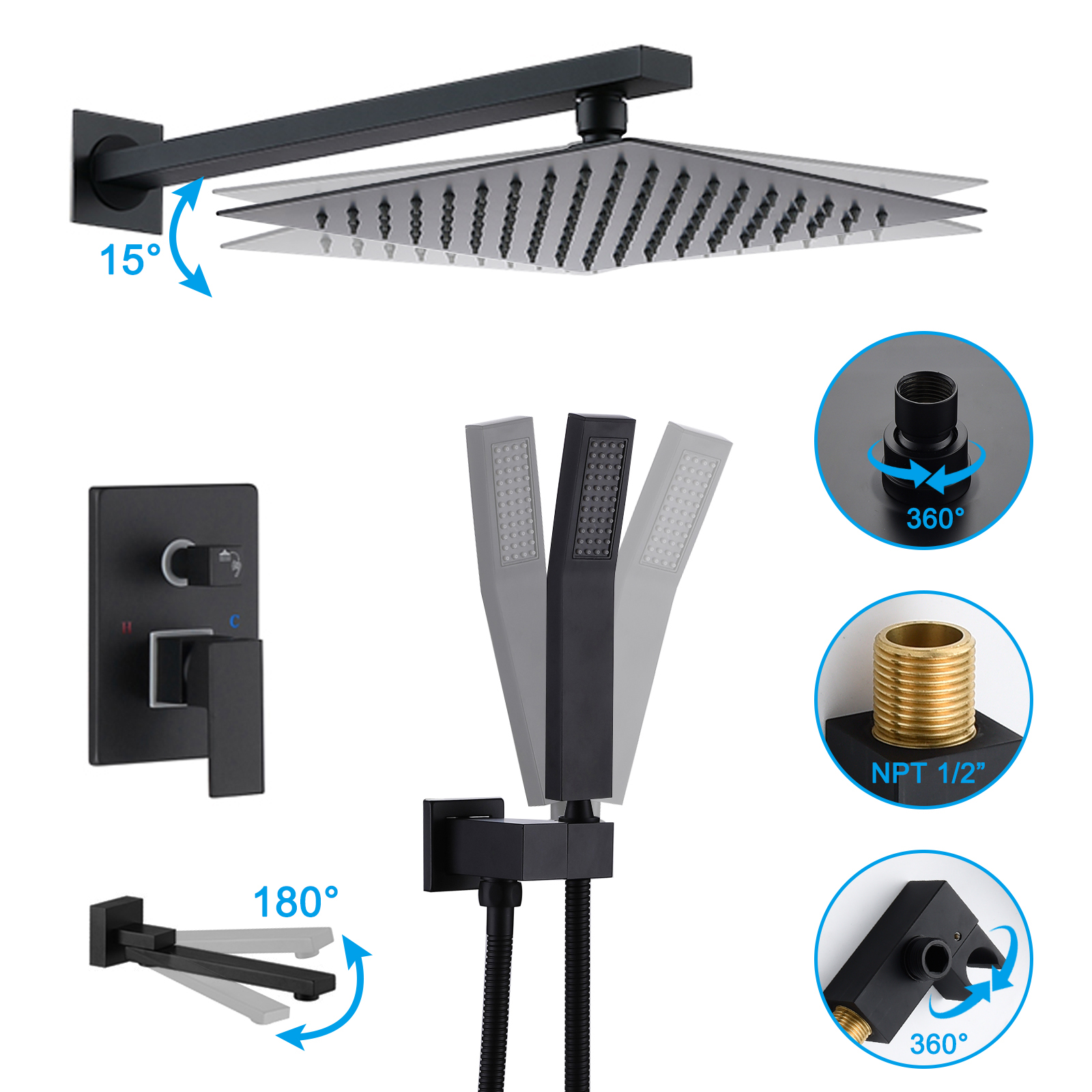 10-inch Wall-Mount Matte Black Shower System with Tub Filler