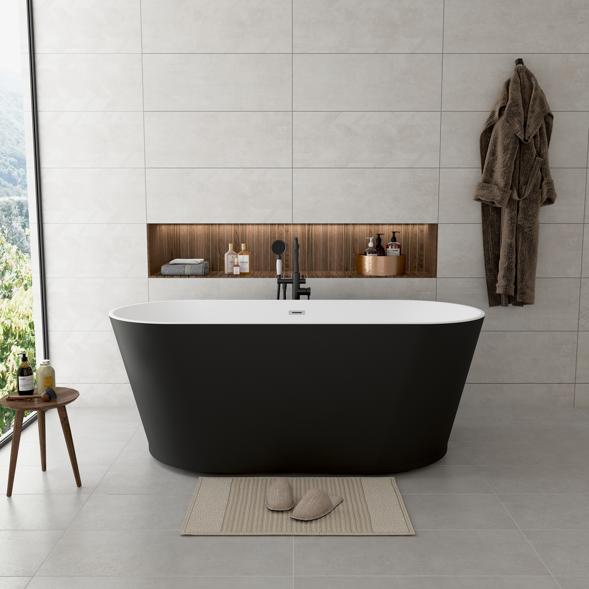 59"/67" Acrylic Freestanding Bathtub with Chrome Drain and Overflow, Glossy White & Black