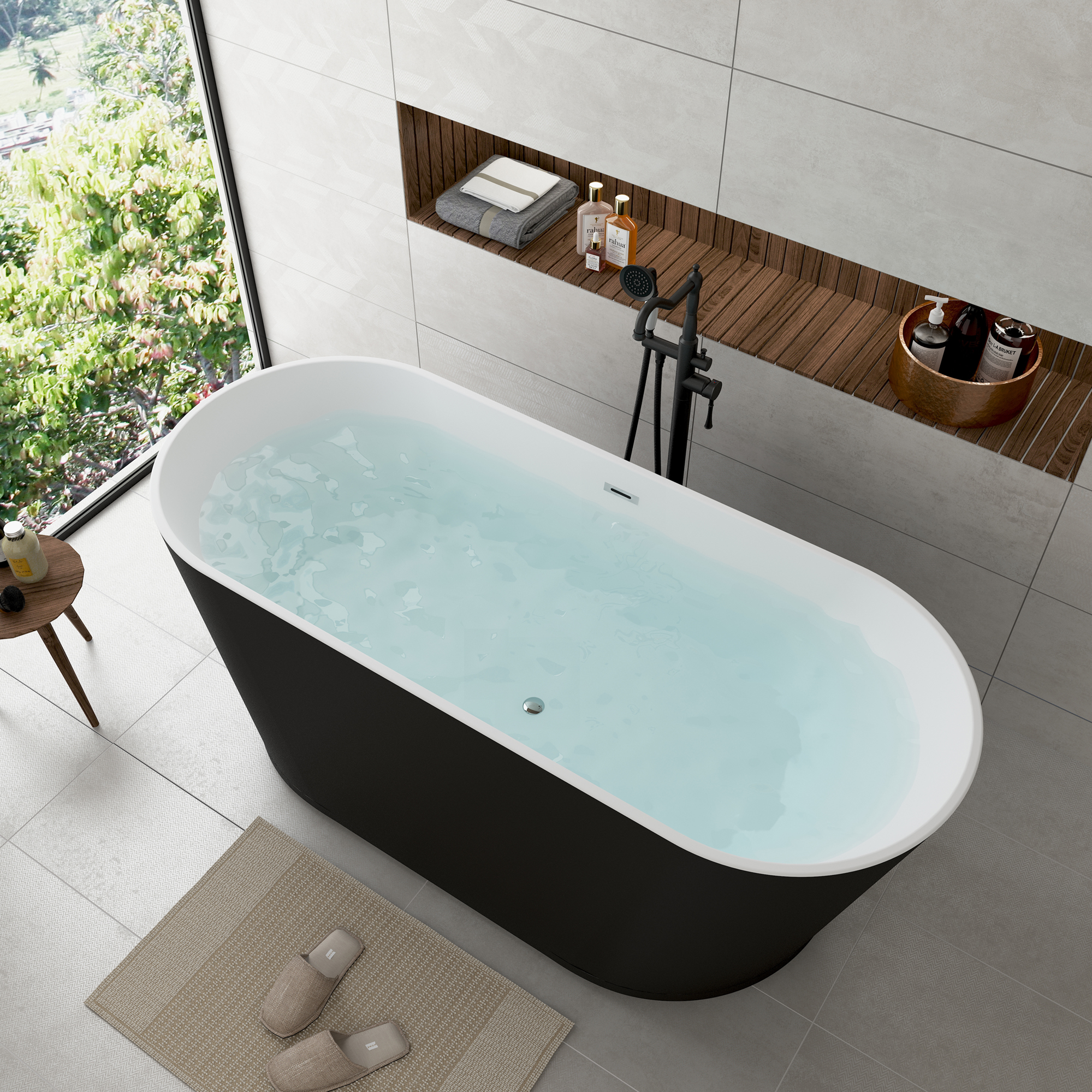 59"/67" Acrylic Freestanding Bathtub with Chrome Drain and Overflow, Glossy White & Black