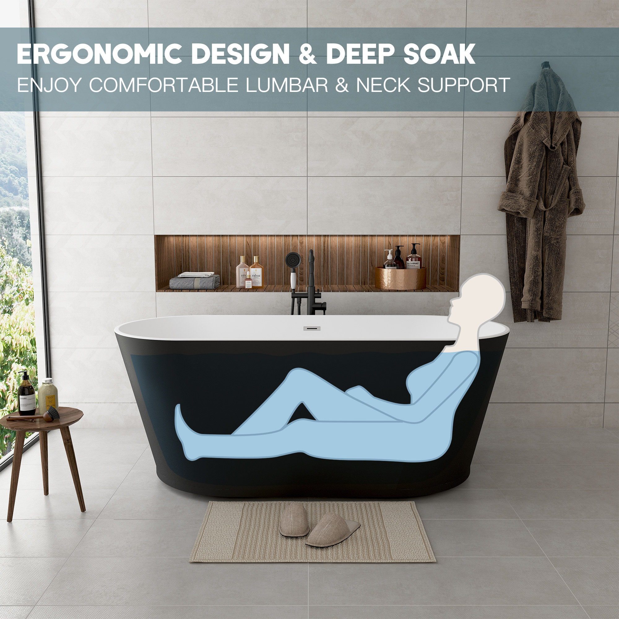 59"/67" Acrylic Freestanding Bathtub with Chrome Drain and Overflow, Glossy White & Black