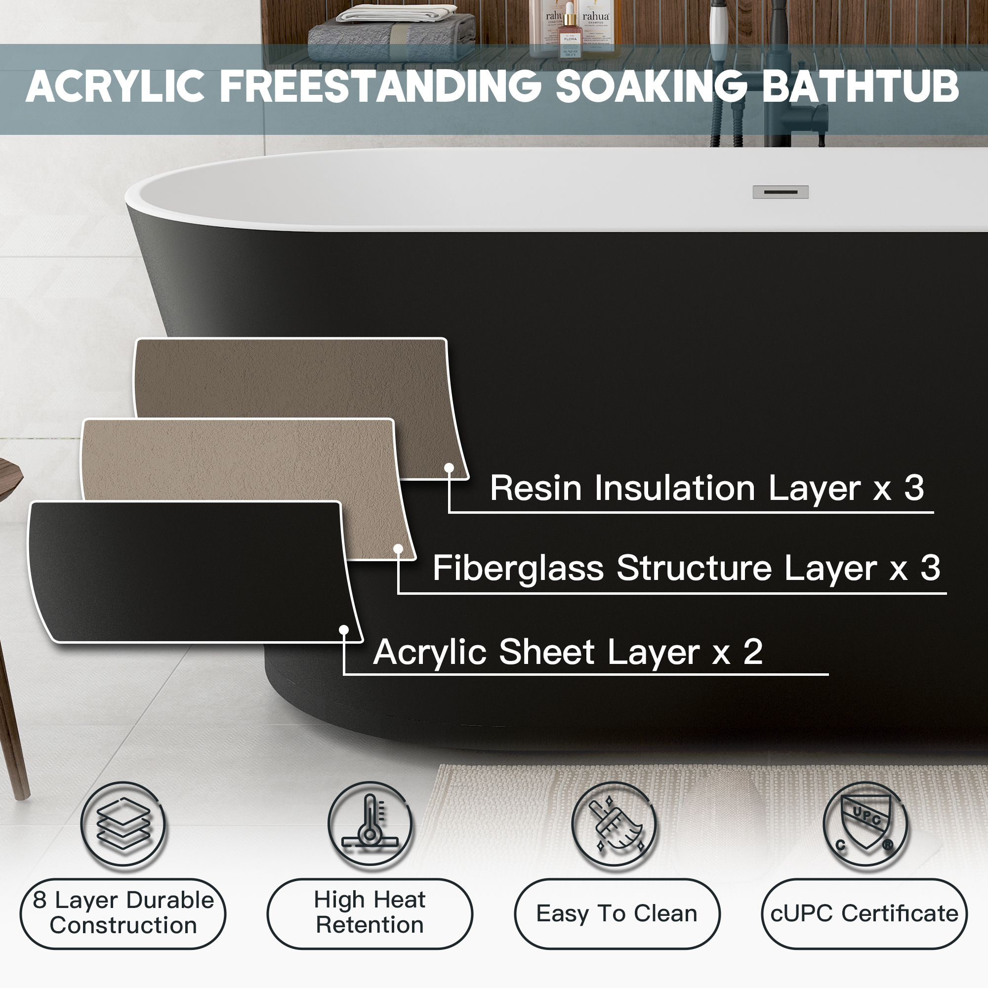 59"/67" Acrylic Freestanding Bathtub with Chrome Drain and Overflow, Glossy White & Black