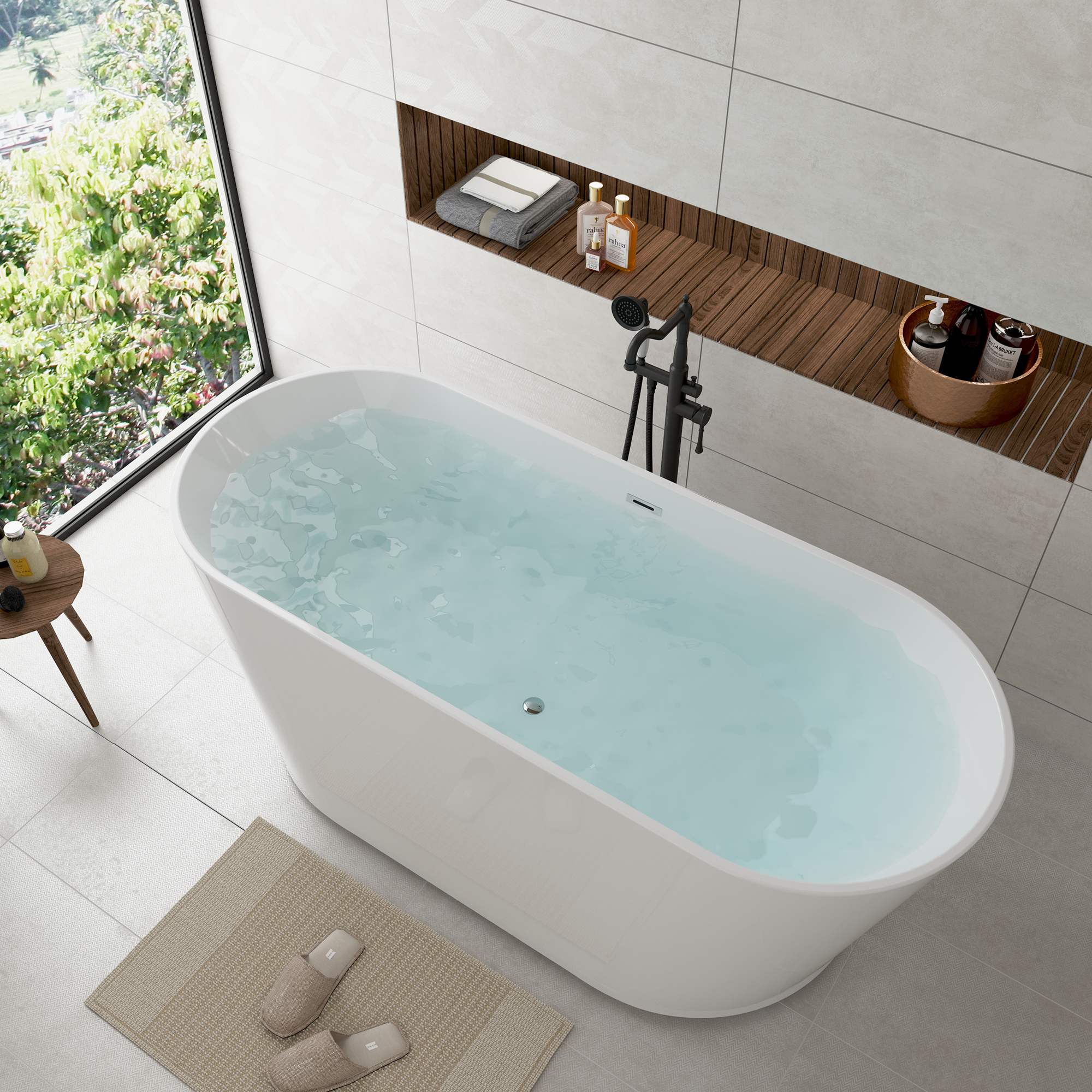 59"/67" Acrylic Freestanding Bathtub with Chrome Drain and Overflow, Glossy White & Black