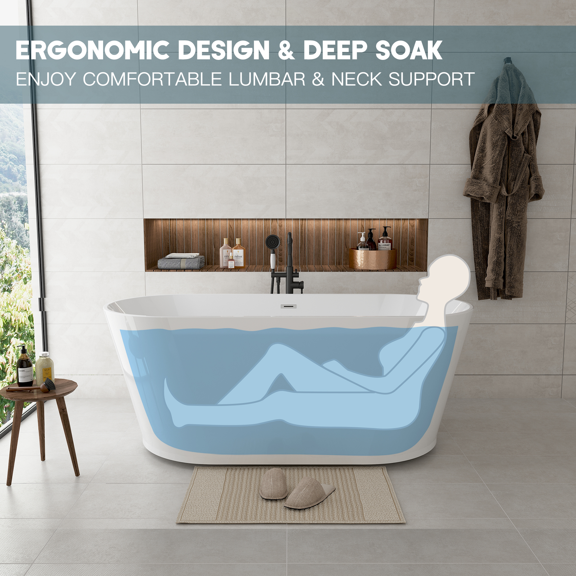 59"/67" Acrylic Freestanding Bathtub with Chrome Drain and Overflow, Glossy White & Black