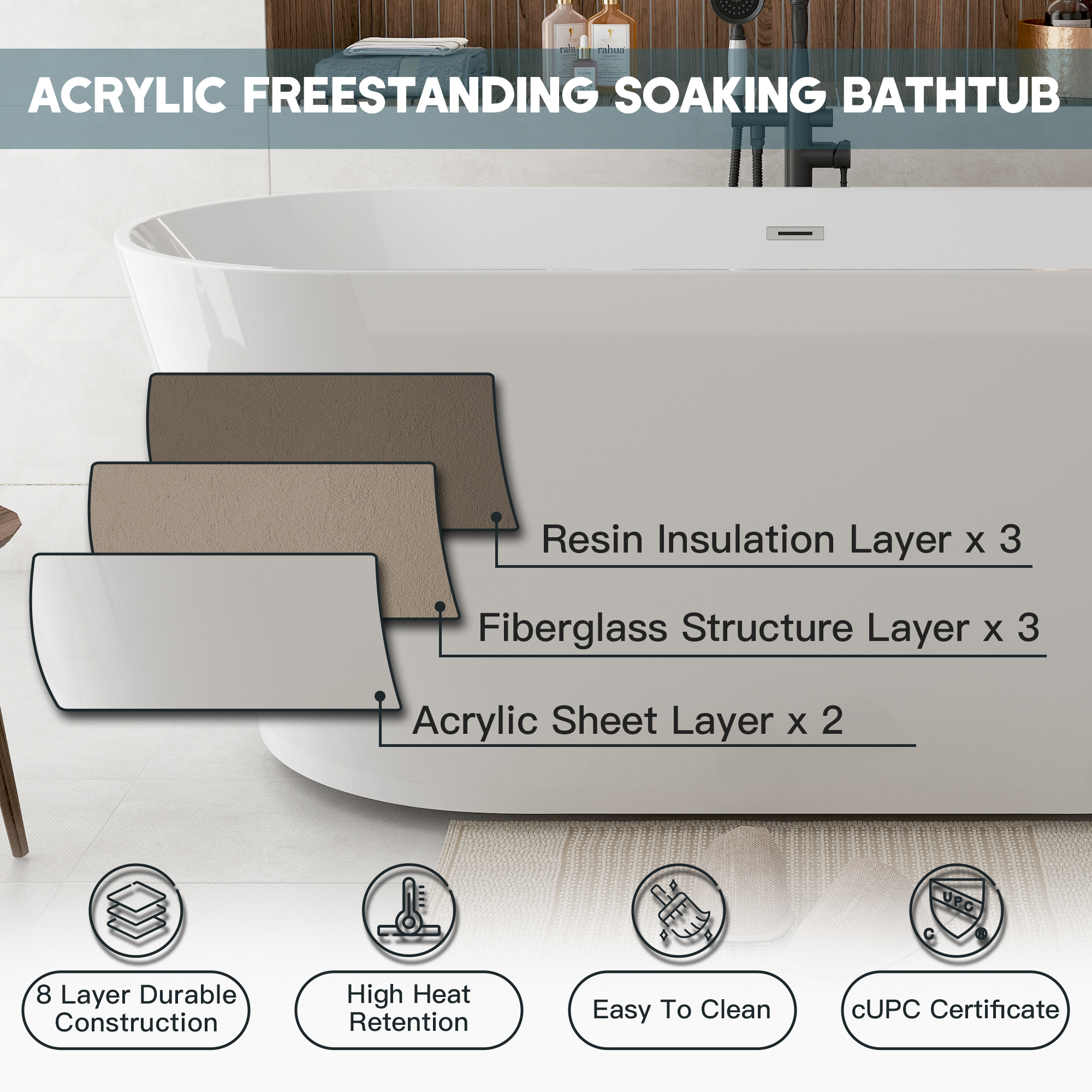 59"/67" Acrylic Freestanding Bathtub with Chrome Drain and Overflow, Glossy White & Black