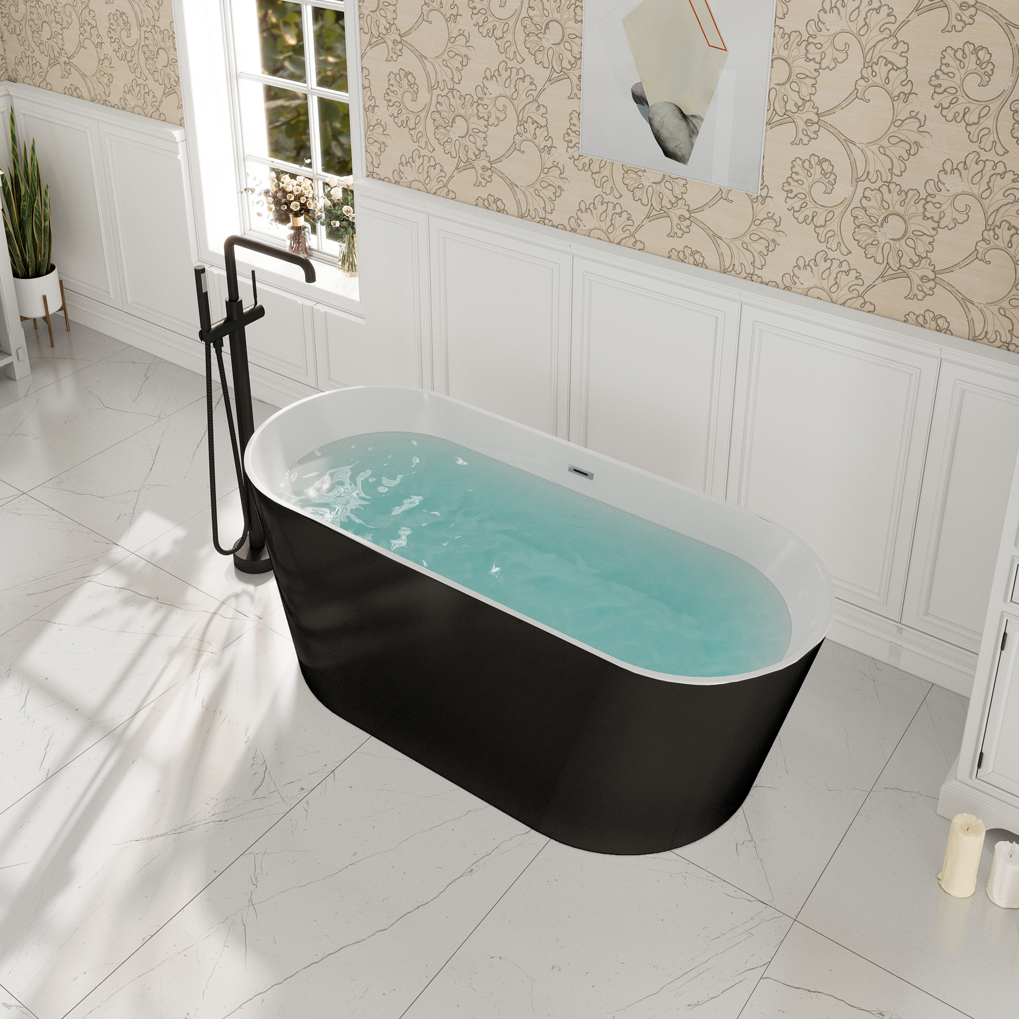59"/67" Acrylic Freestanding Bathtub with Chrome Drain and Overflow, Glossy White & Black