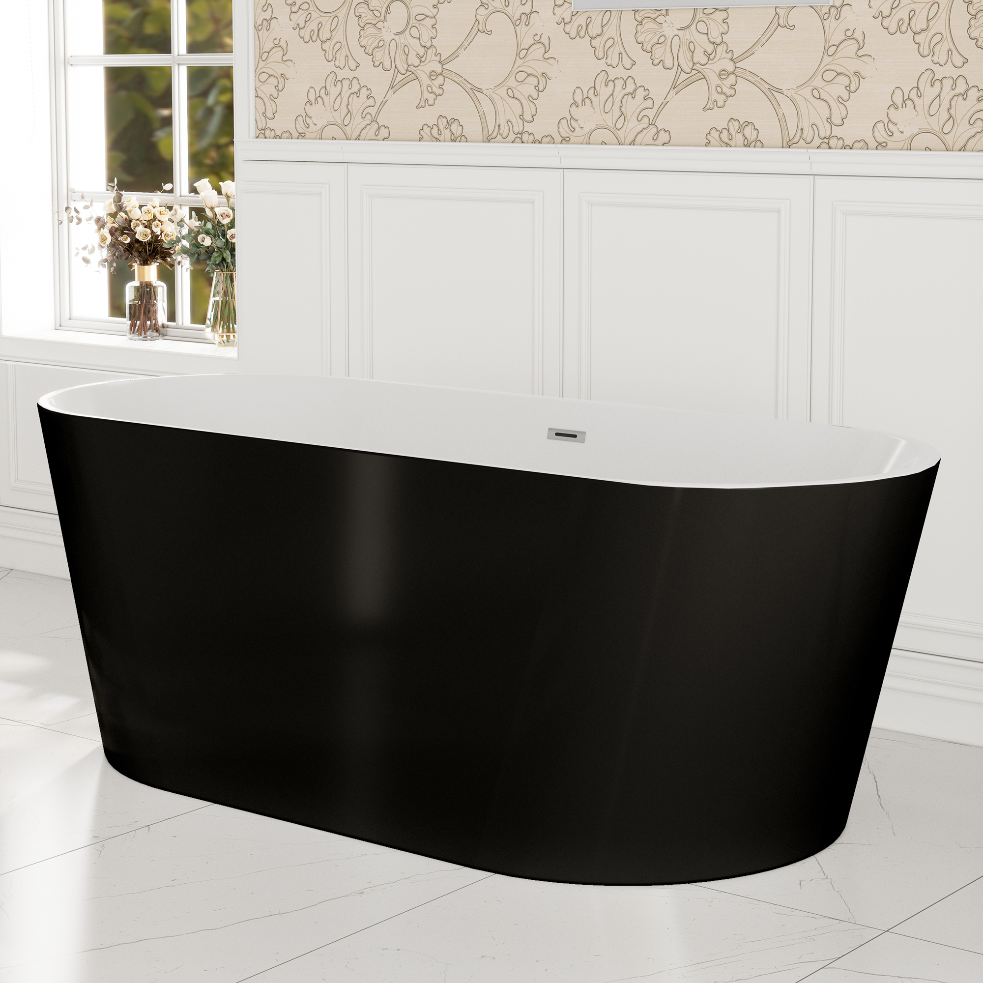59"/67" Acrylic Freestanding Bathtub with Chrome Drain and Overflow, Glossy White & Black
