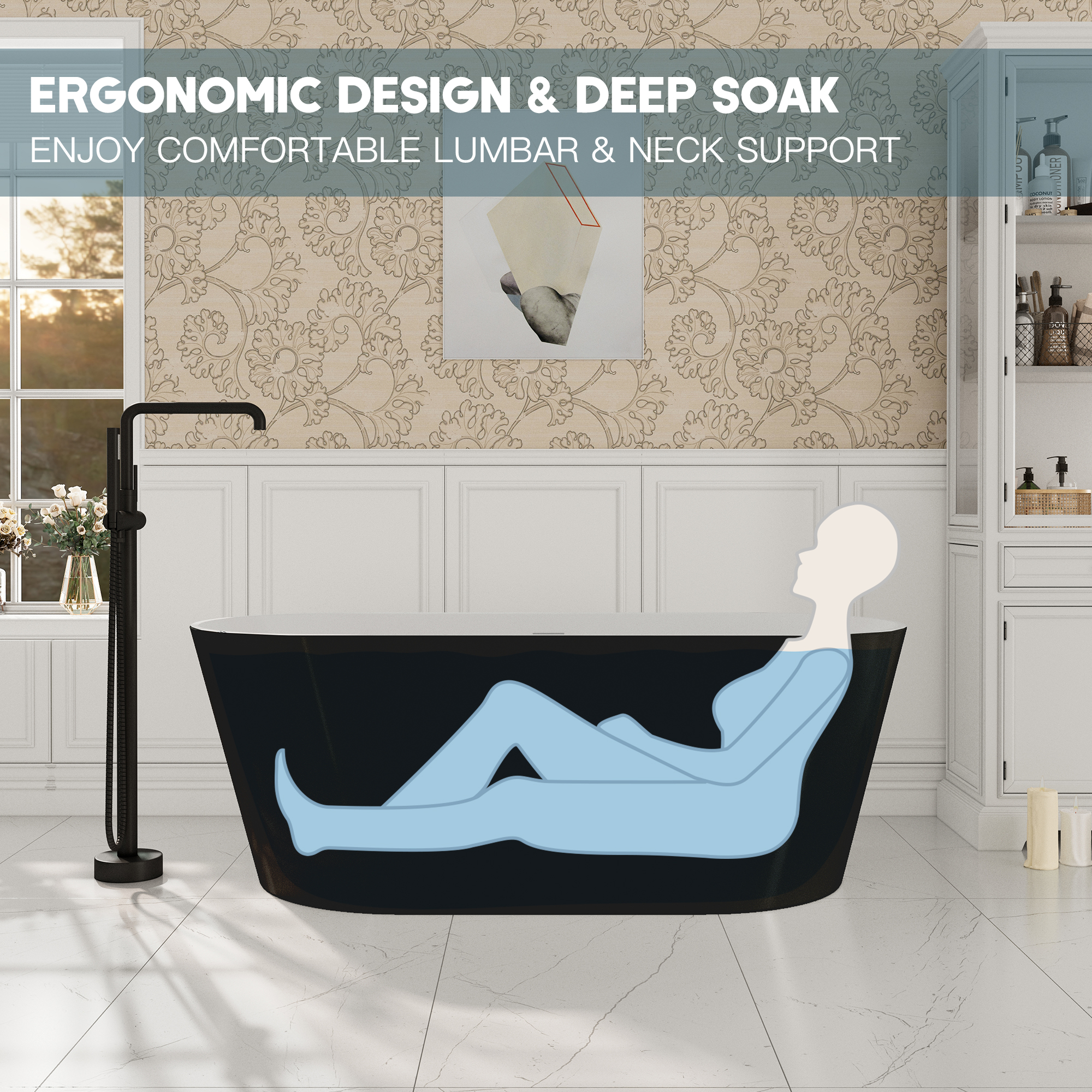 59"/67" Acrylic Freestanding Bathtub with Chrome Drain and Overflow, Glossy White & Black