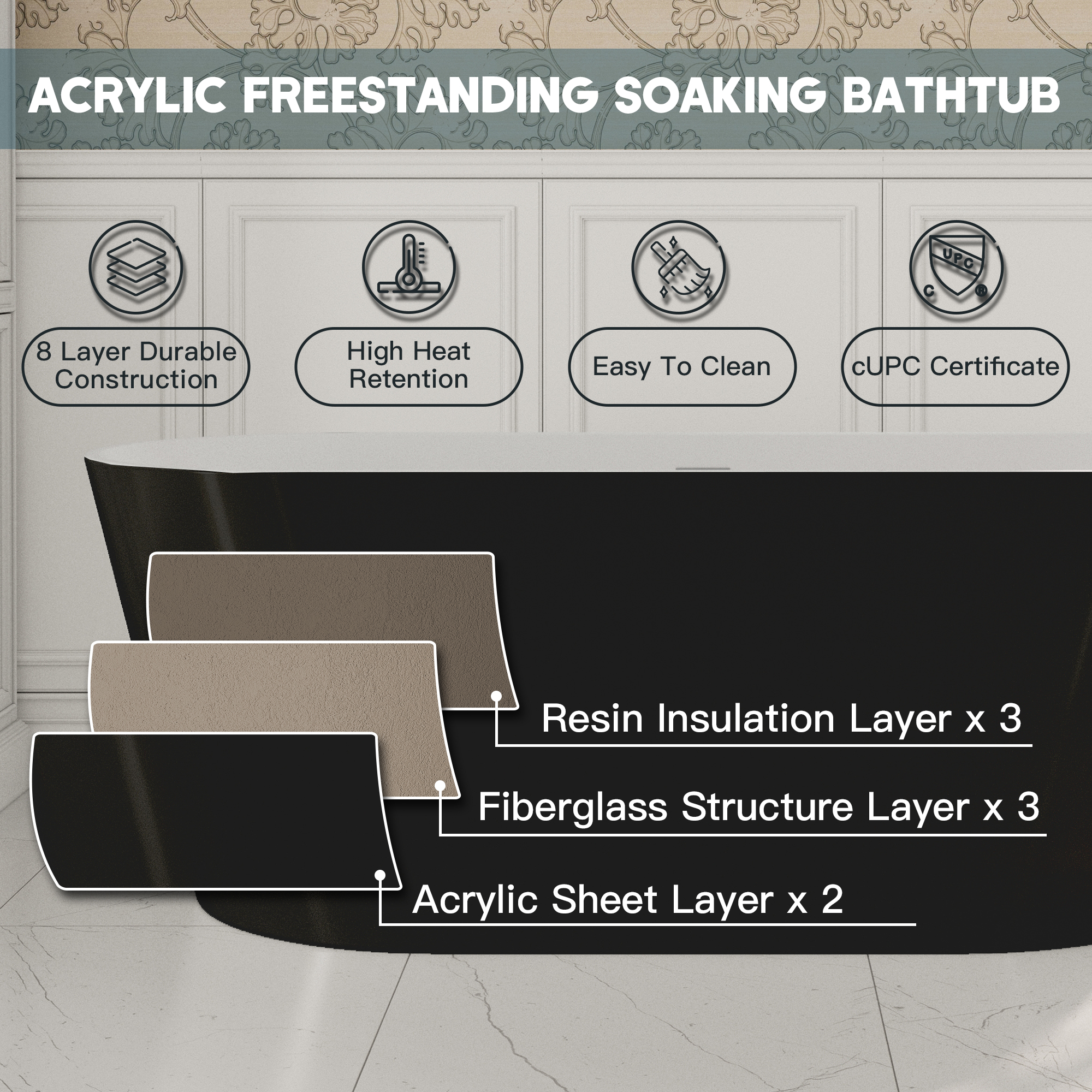 59"/67" Acrylic Freestanding Bathtub with Chrome Drain and Overflow, Glossy White & Black