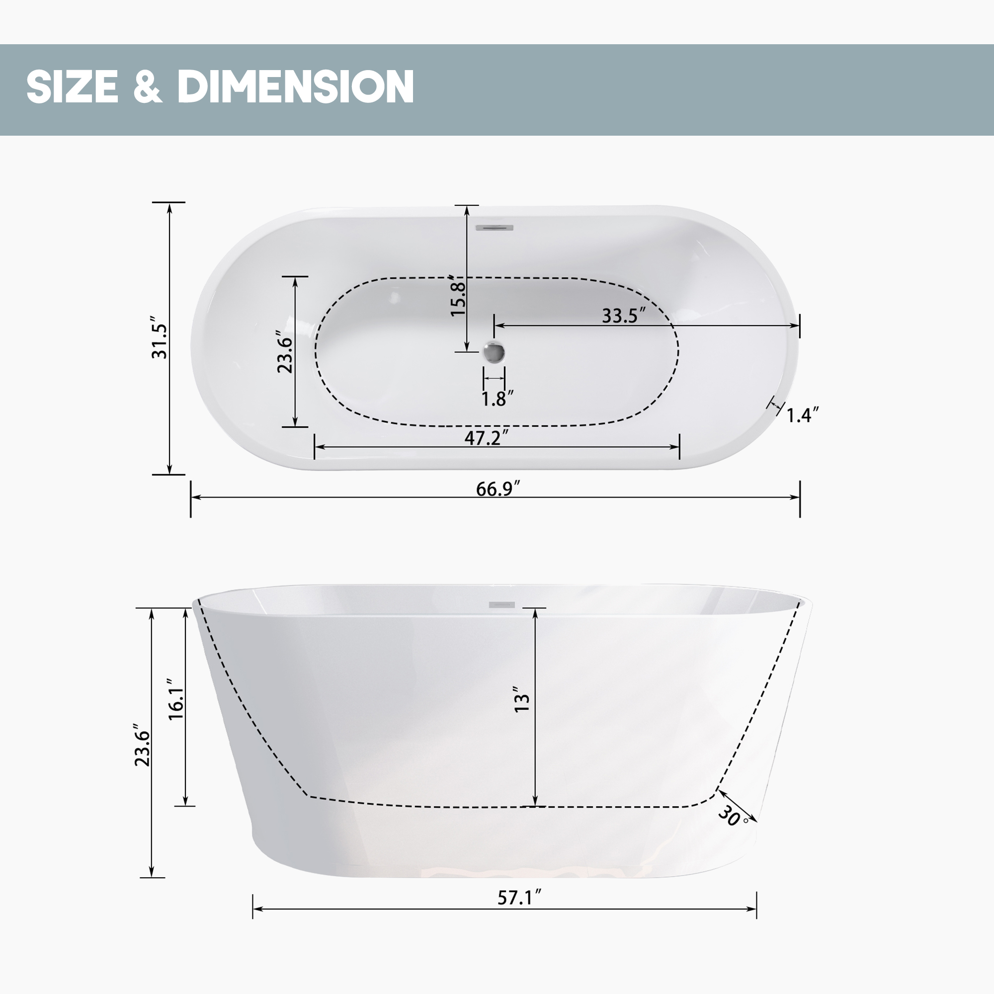 59"/67" Acrylic Freestanding Bathtub with Chrome Drain and Overflow, Glossy White & Black