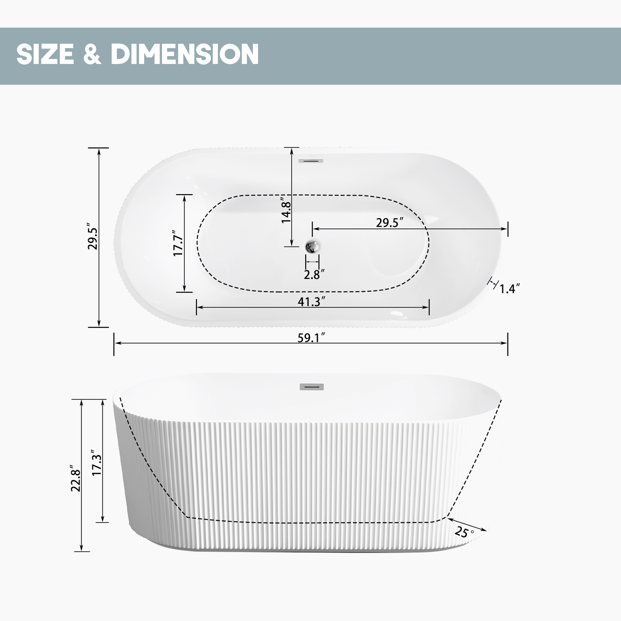 59"/67" Linear Acrylic Stand Alone Soaker Tub with cUPC Certified, Glossy White