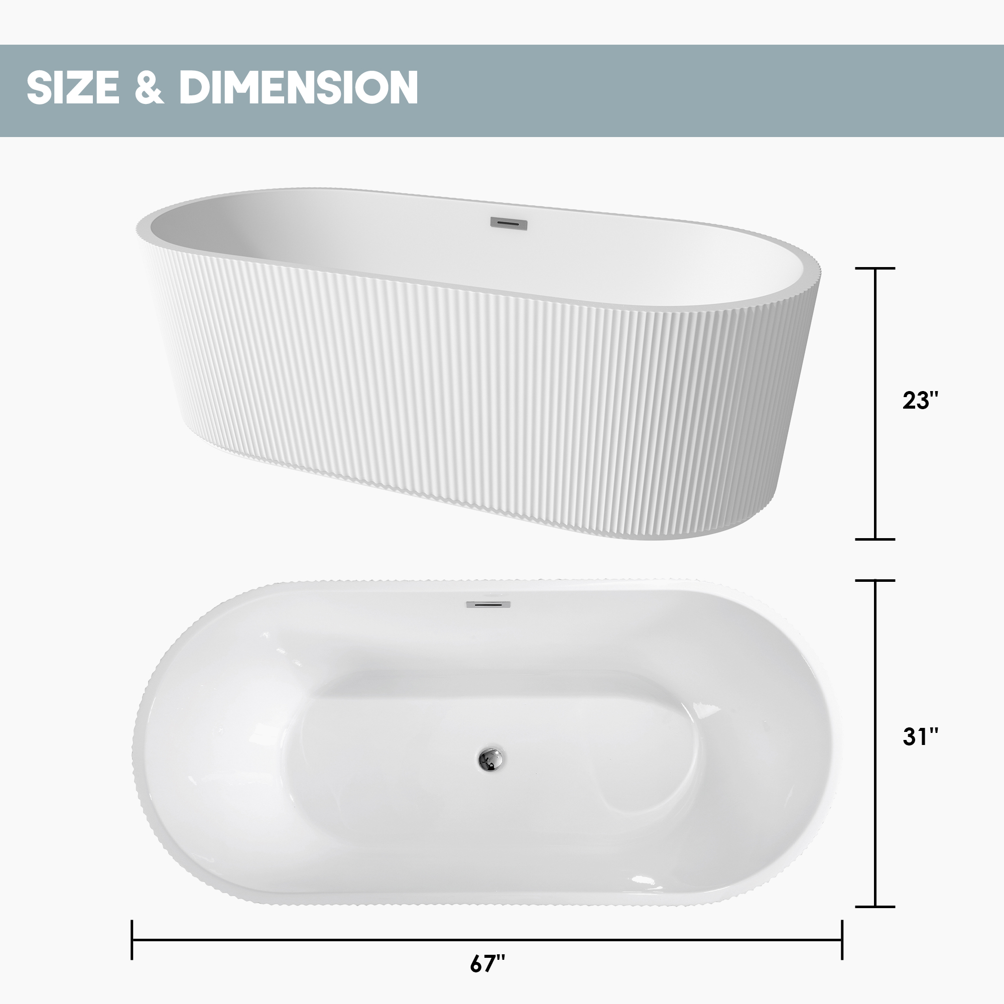 59"/67" Linear Acrylic Stand Alone Soaker Tub with cUPC Certified, Glossy White