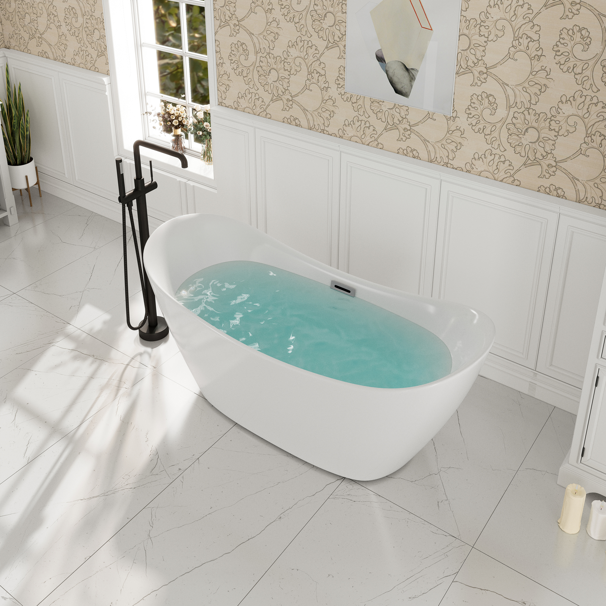 67" Acrylic Freestanding Twin Slipper Bathtub with Overflow and Pop-up Drain